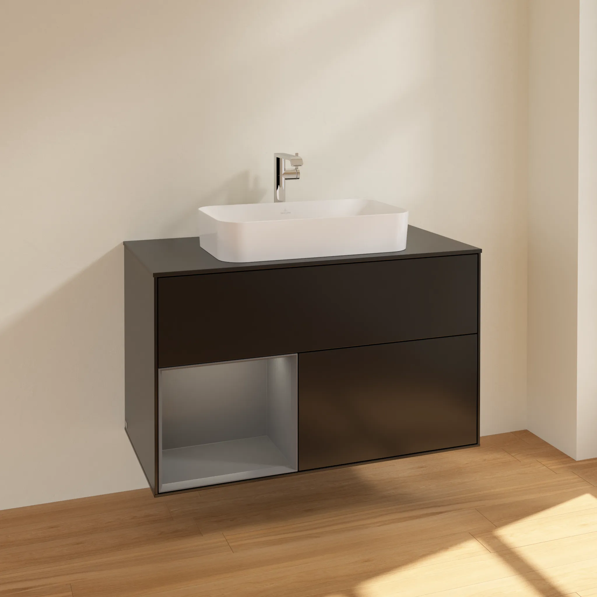 Villeroy & Boch Waschbeckenunterschrank Finion F24, 1000x603x501 mm, Black Matt Lacquer, mit Beleuchtung und Push-to-open Funktion