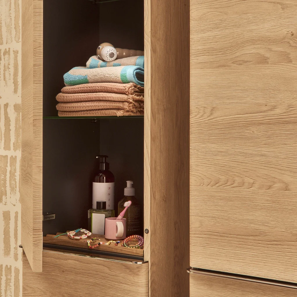 Hansgrohe Xelu Q Hochschrank Eiche Natur, 400x350 mm, Türanschlag links, verchromte Griffe
