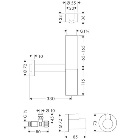 Siphon Flowstar komplett chrom mit zwei Eckventilen und Schubern