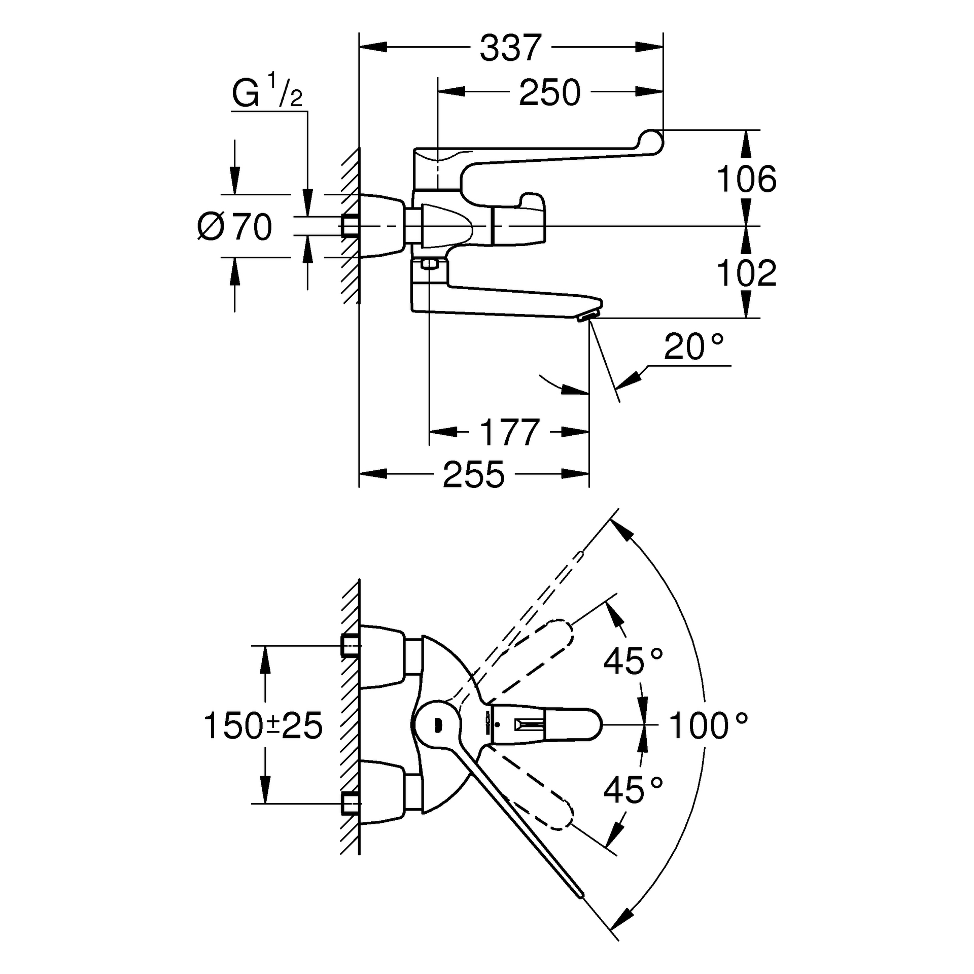 Thermostat-Waschtischbatterie Grohtherm Special 34020_1, für Armhebelbetätigung, Wandmontage, Ausladung 255 mm, chrom