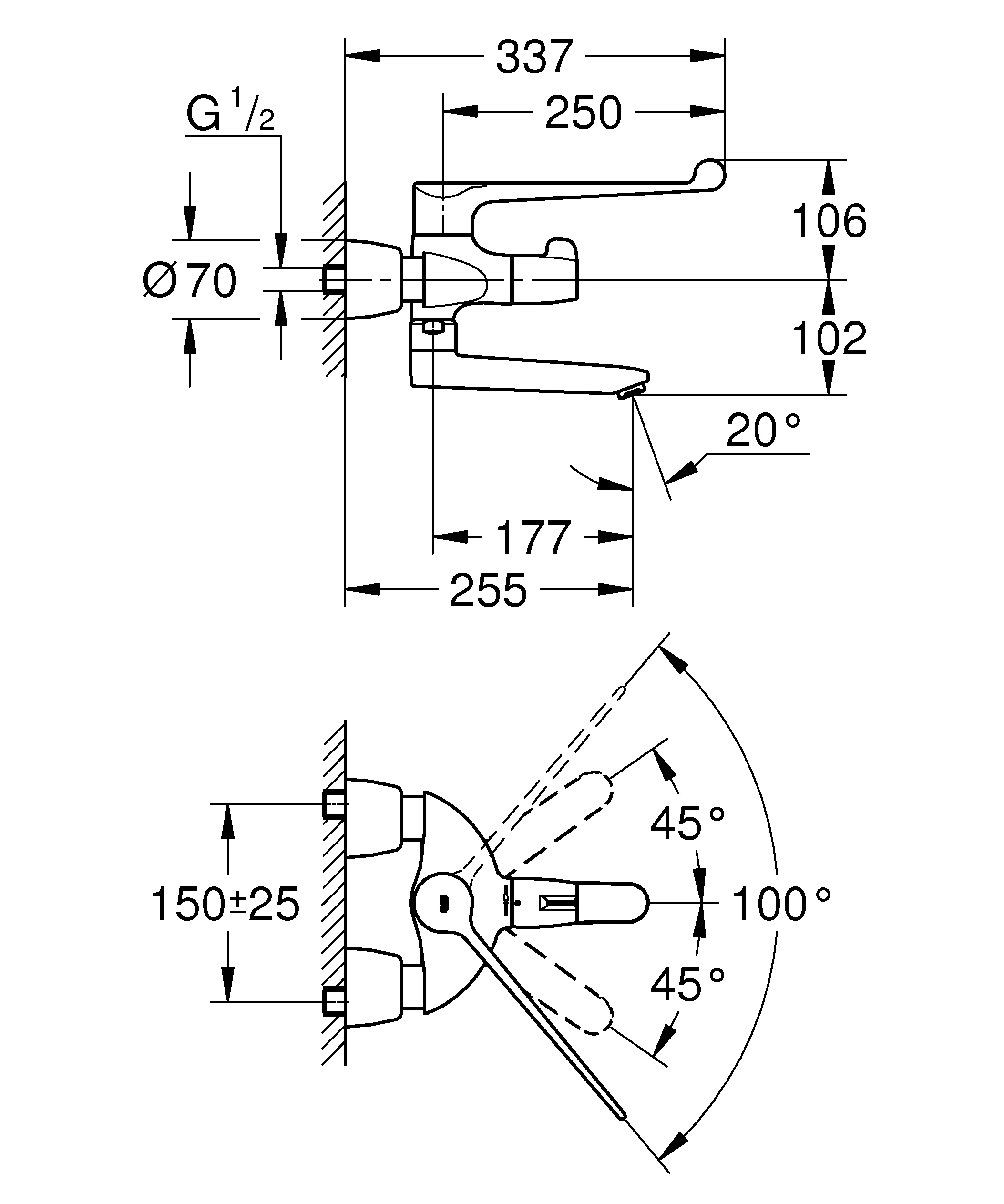 Thermostat-Waschtischbatterie Grohtherm Special 34020_1, für Armhebelbetätigung, Wandmontage, Ausladung 255 mm, chrom