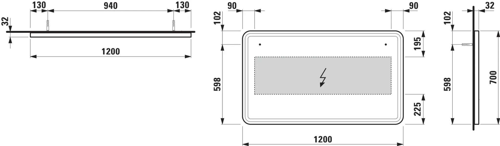 Base 2.0 Spiegel 44438.3, eckig LED Bel.,1 Sensorsch., 1200x700 schw.m
