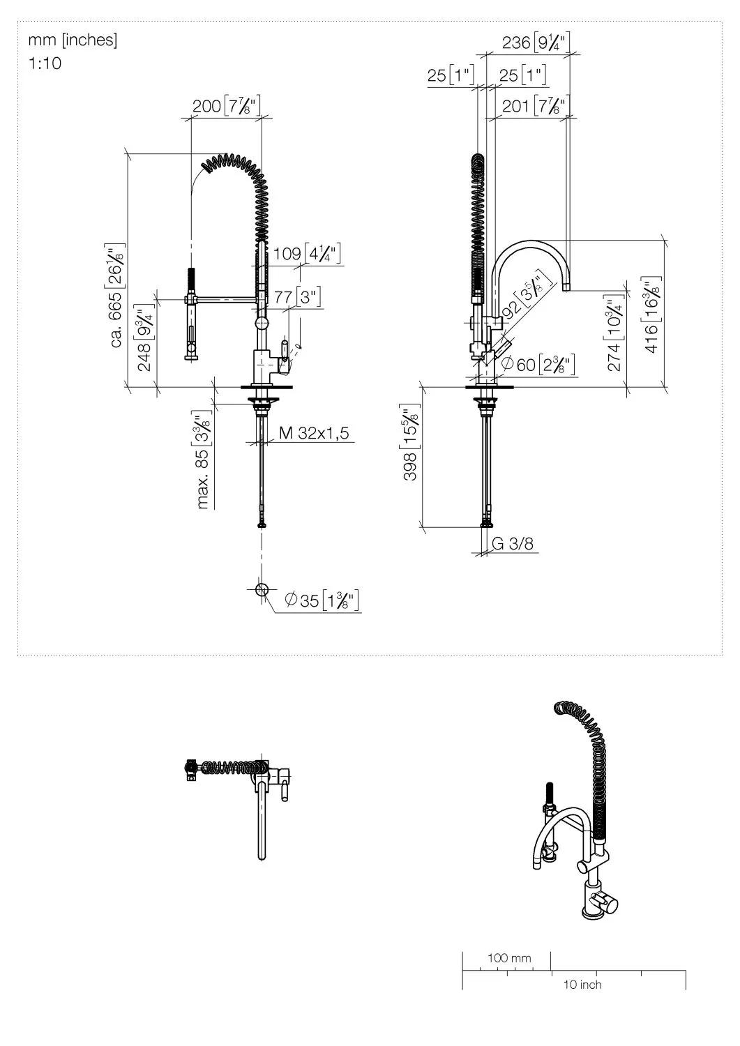 Dornbracht Einhebelmischer Profi TARA Dark Brass gebürstet PVD, Ausladung 200 mm, Armaturenhöhe 415 mm, Bohrungsdurchmesser 35 mm