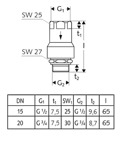 Rohrbelüfter, Durchflussform von oben nach unten, RB, RFV, DN 20 G 3/4 IG, DN 20 G 3/4 AG, chrom