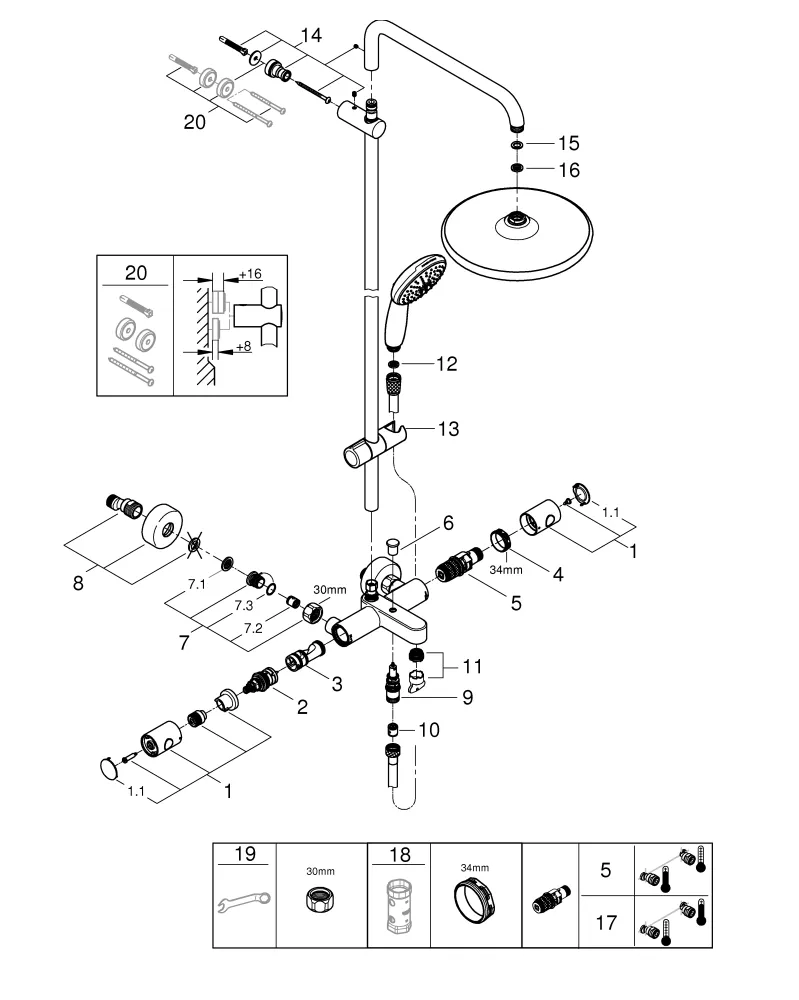 Duschsystem Tempesta 250 26672_1, mit Thermostat-Wannenbatterie, Wandmontage, Kopfbrause Tempesta 250, weiße Rückseite, Strahlart: Rain, Handbrause Tempesta 110, 2 Strahlarten, Water Saving, Maximaler Durchfluss (bei 3 bar): 8 l/min, chrom