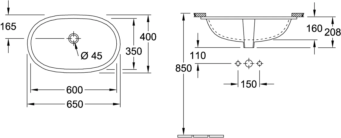 Villeroy & Boch O.novo Unterbauwaschbecken 600x350mm Oval mit Überlauf Weiß Alpin CeramicPlus