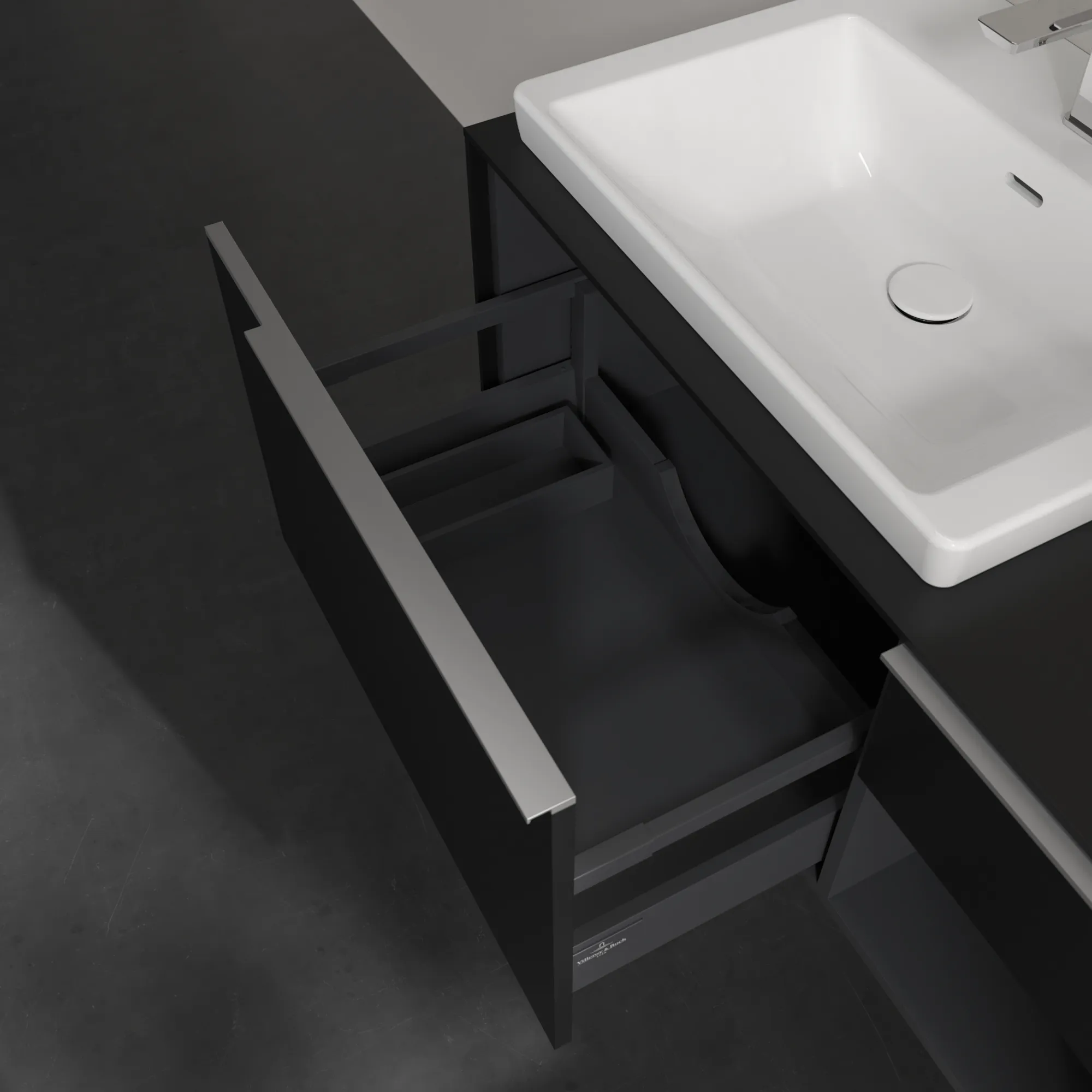 Villeroy & Boch Waschtischunterschrank mit Regalelement „Subway 3.0“ für Schrankwaschtisch 1001 × 423 × 516 mm Volcano Black, für Becken links Villeroy & Boch Waschtischunterschrank mit Regalelement „Subway 3.0“ für Schrankwaschtisch 1001 × 423 × 516 mm Volcano Black, für Becken links