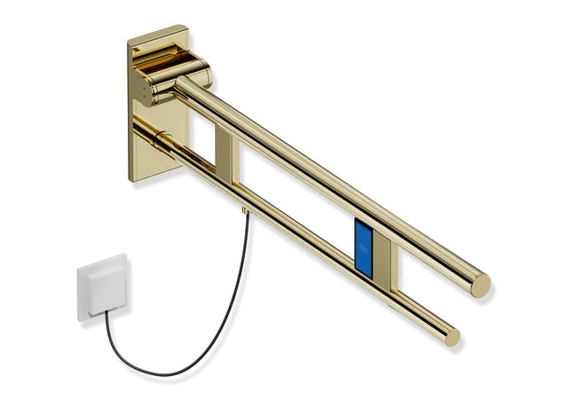 Stützklappgriff Duo, Design A des Systems 900, Edelstahl, PVD, Ausladung 750 mm, mit Spülauslösung (E-Ausführung), Ausführung links, in Farbe CK (messing glänzend)