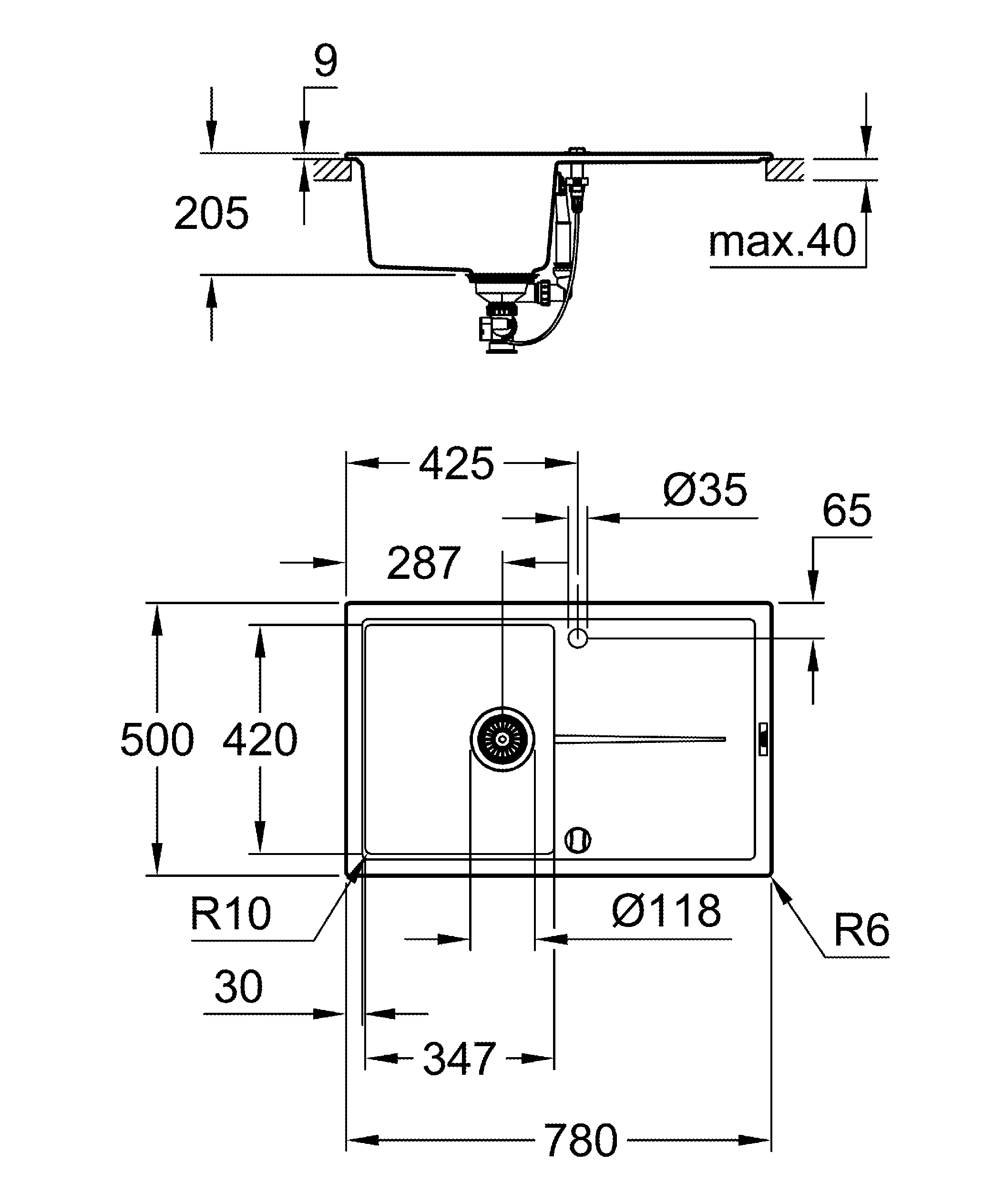 Kompositspüle K400 31639, mit Abtropffläche, Modell: K400 50-C 78/50 1.0 rev, Montageart: Standard-Einbauspüle, Maße: 780 x 500 mm, 1 Becken: 347 x 440 x 205 mm, granit schwarz