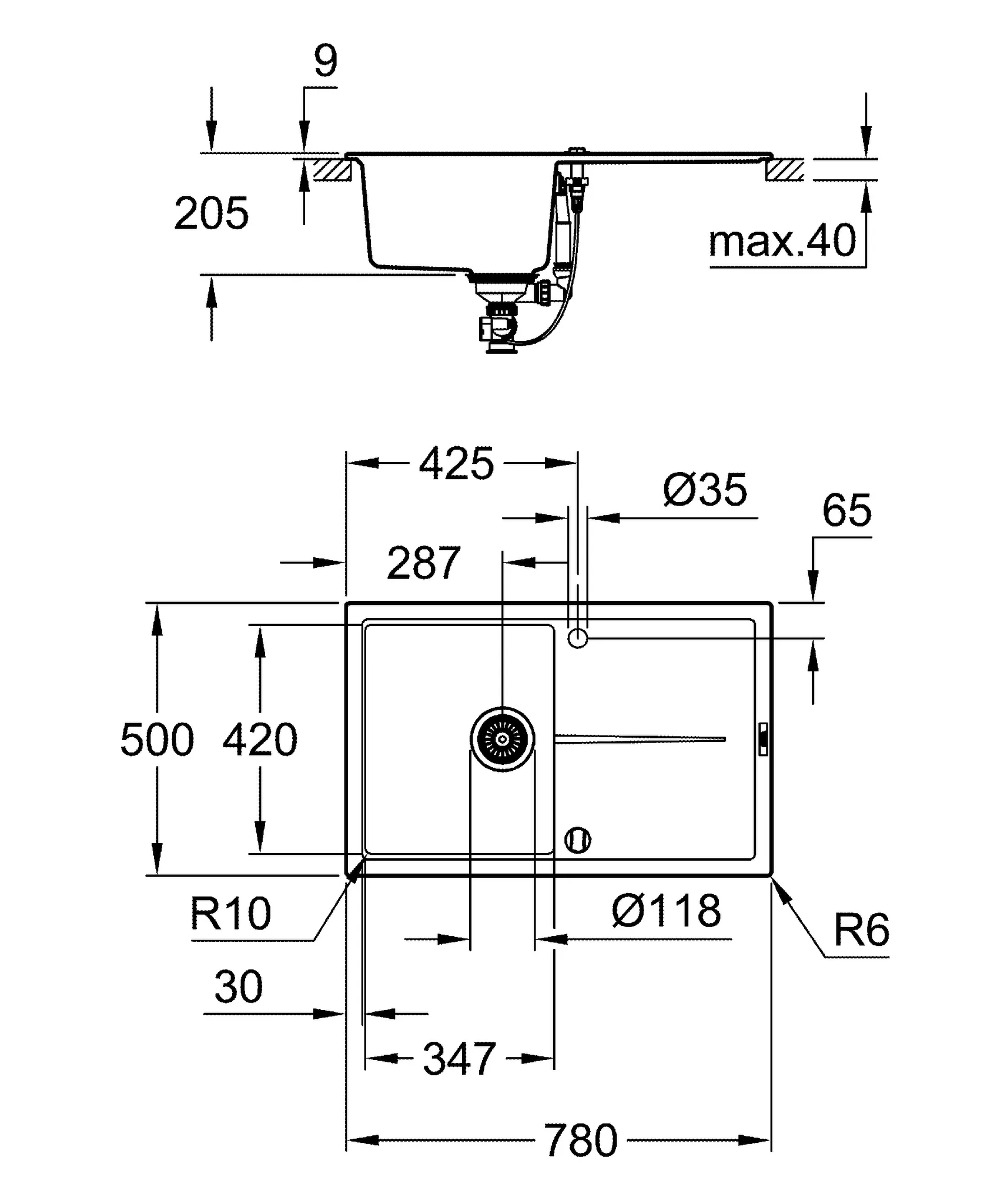 Kompositspüle K400 31639, mit Abtropffläche, Modell: K400 50-C 78/50 1.0 rev, Montageart: Standard-Einbauspüle, Maße: 780 x 500 mm, 1 Becken: 347 x 440 x 205 mm, granit schwarz Kompositspüle K400 31639, mit Abtropffläche, Modell: K400 50-C 78/50 1.0 rev, Montageart: Standard-Einbauspüle, Maße: 780 x 500 mm, 1 Becken: 347 x 440 x 205 mm, granit schwarz