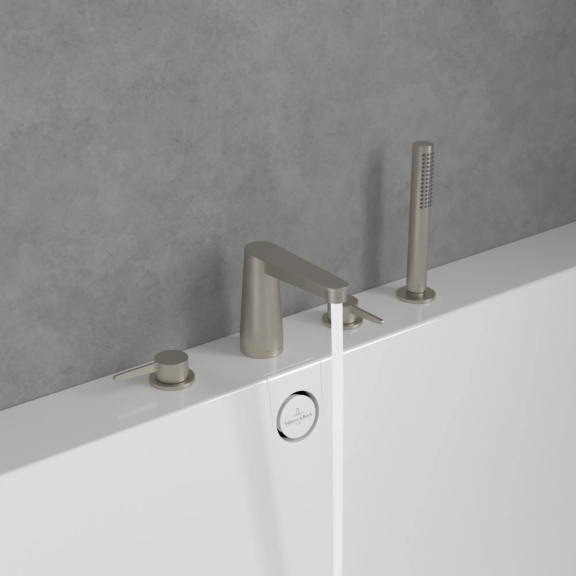 Zweihand-Wannenarmatur „Conum“ Ausladung 129 mm in Brushed Nickel Matt Zweihand-Wannenarmatur „Conum“ Ausladung 129 mm in Brushed Nickel Matt