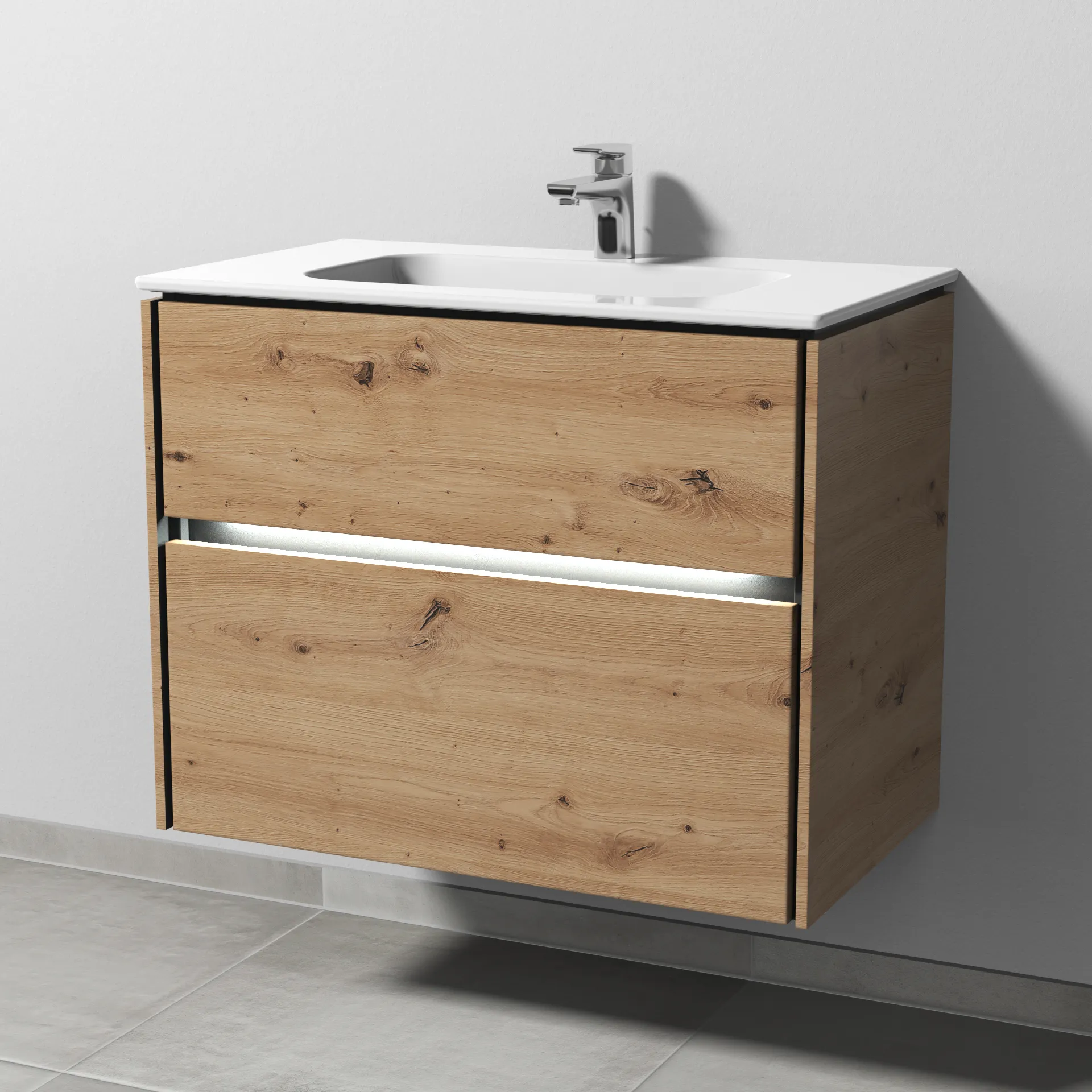Keramik-Waschtisch-Set mit Waschtischunterschrank „Twiga“ 79 × 46 × 61 cm in Eiche Natural-Touch, mit Hahnlochbohrung, mit Beleuchtung