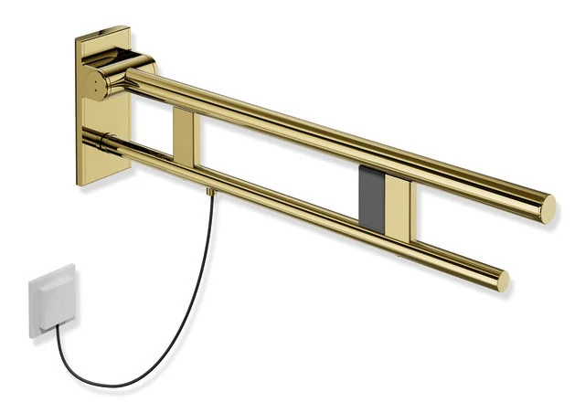 HEWI Stützklappgriff Duo System 900, Design A, Edelstahl PVD gold glänzend, Ausladung 750 mm, rechts, mit Spülauslösung
