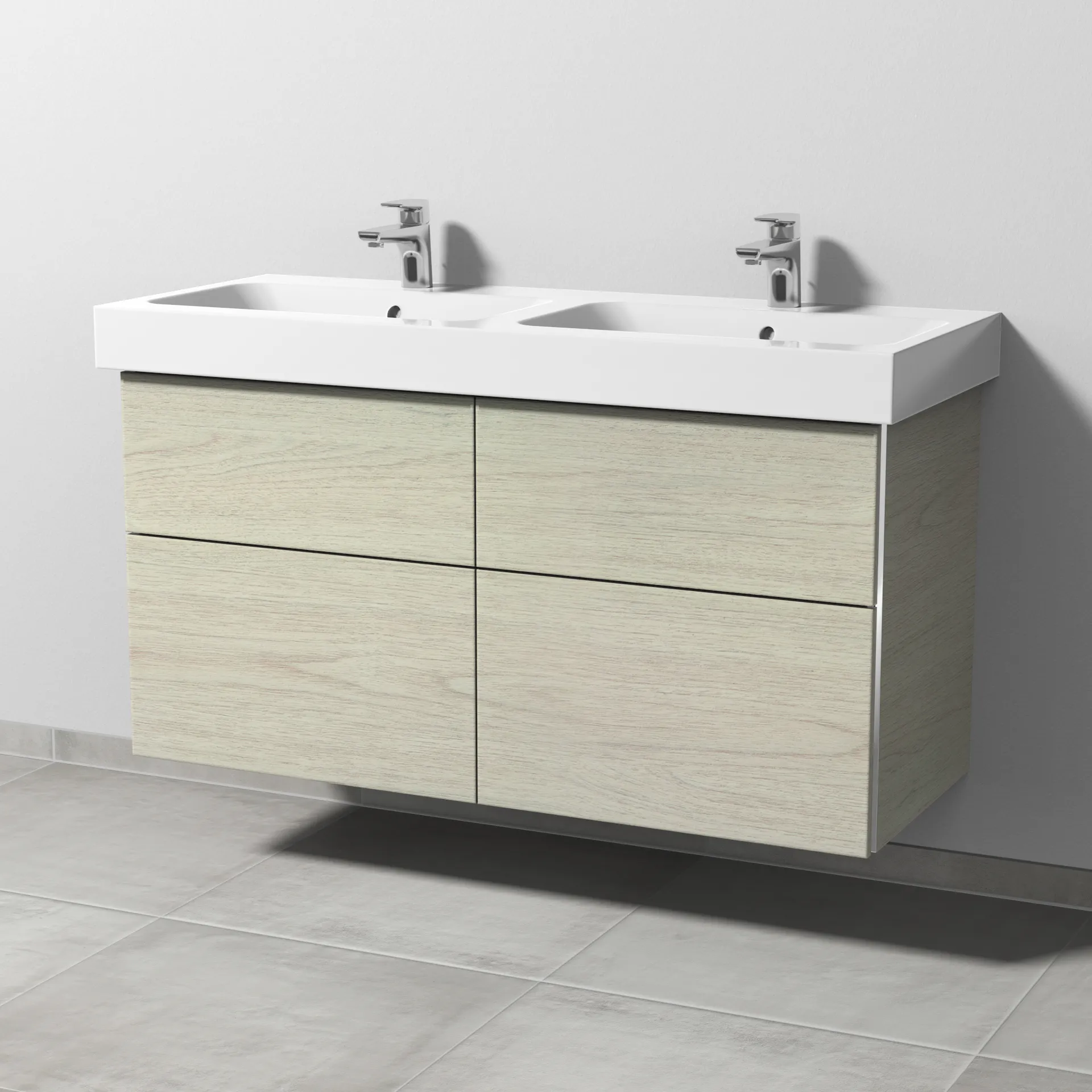 Sanipa Waschtischunterschrank „3way“ passend zu Keramik-Waschtische iCon von Geberit 1150 × 593 × 462 mm in White Oak, mit Hahnlochbohrung, Becken
