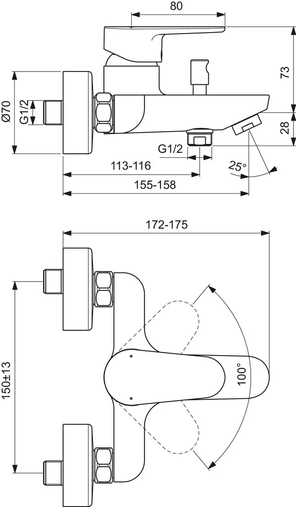 Ideal Standard Badearmatur Aufputz Cerafine O, Ausladung 155mm, Chrom Ideal Standard Badearmatur Aufputz Cerafine O, Ausladung 155mm, Chrom