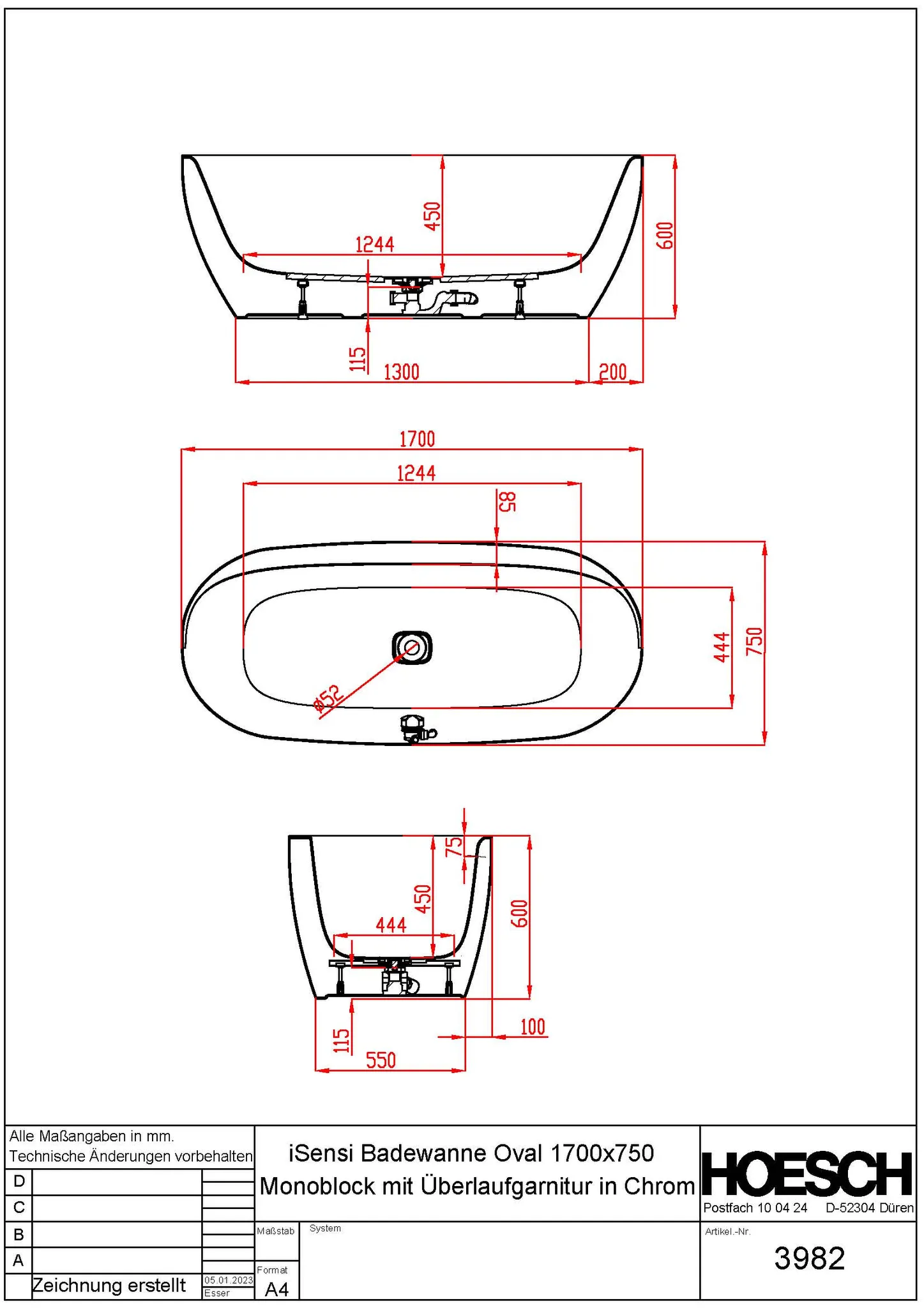 Hoesch Badewanne „iSensi“ Monolith freistehend oval 170 × 90 cm in Weiß