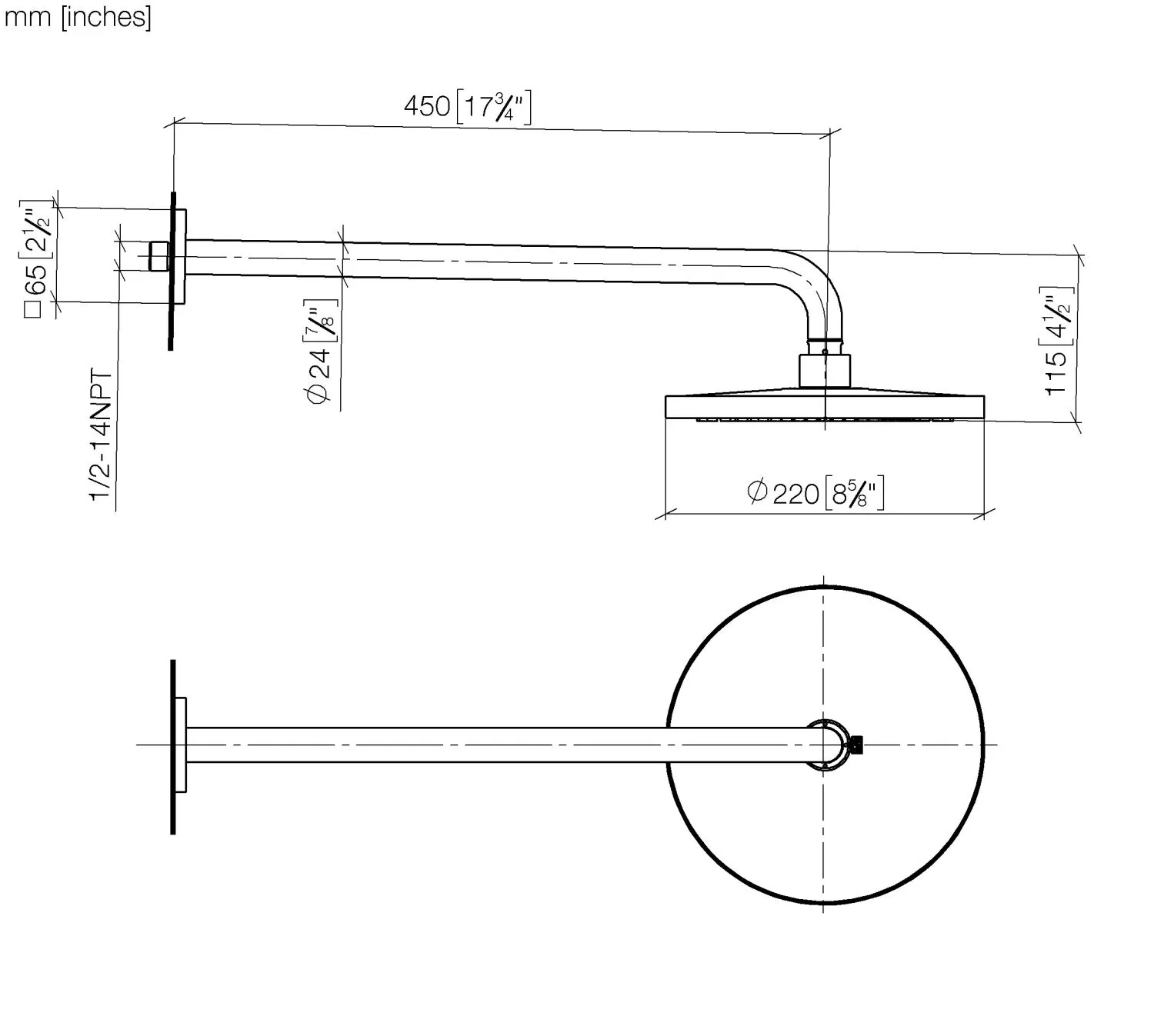 Dornbracht Regenbrause SERIENSPEZIFISCH Chrom, 220 mm Durchmesser, Ausladung 450 mm, Rosette 65 x 65 mm
