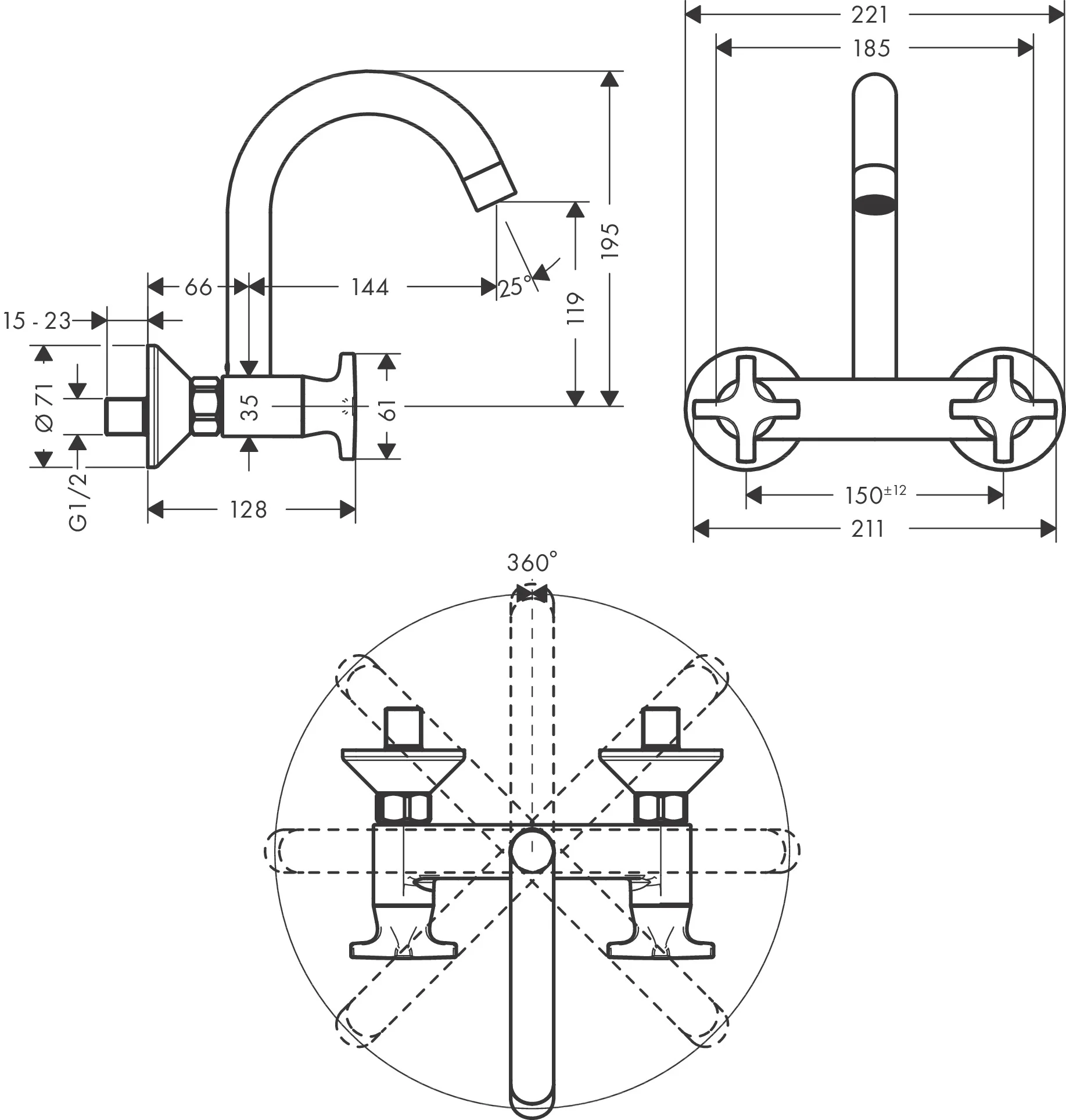 Hansgrohe Logis M32 Zweigriff-Küchenmischer, Wandmontage Highspout, Chrom, 1-Jet, Schwenkbereich 360°, Normalstrahl, Stichmaß 150 ± 12 mm, max. Durchfluss 15 l/min, Keramikventil 90° Hansgrohe Logis M32 Zweigriff-Küchenmischer, Wandmontage Highspout, Chrom, 1-Jet, Schwenkbereich 360°, Normalstrahl, Stichmaß 150 ± 12 mm, max. Durchfluss 15 l/min, Keramikventil 90°