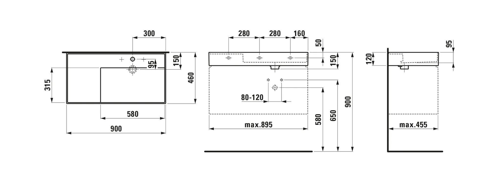 Waschtisch Kartell • 460x900x150 1 Hahnloch ohne Überlauf versteckter Ablauf Ablage links weiß