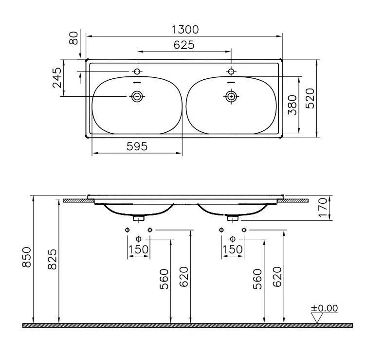 VitrA Equal Doppelmöbelwaschtisch 130 cm 2 Becken Steingrau Matt