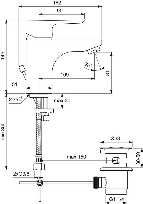 Waschtischarmatur 145 Ceraplan III, mit Ablaufgarnitur, Ausladung 109mm, Chrom