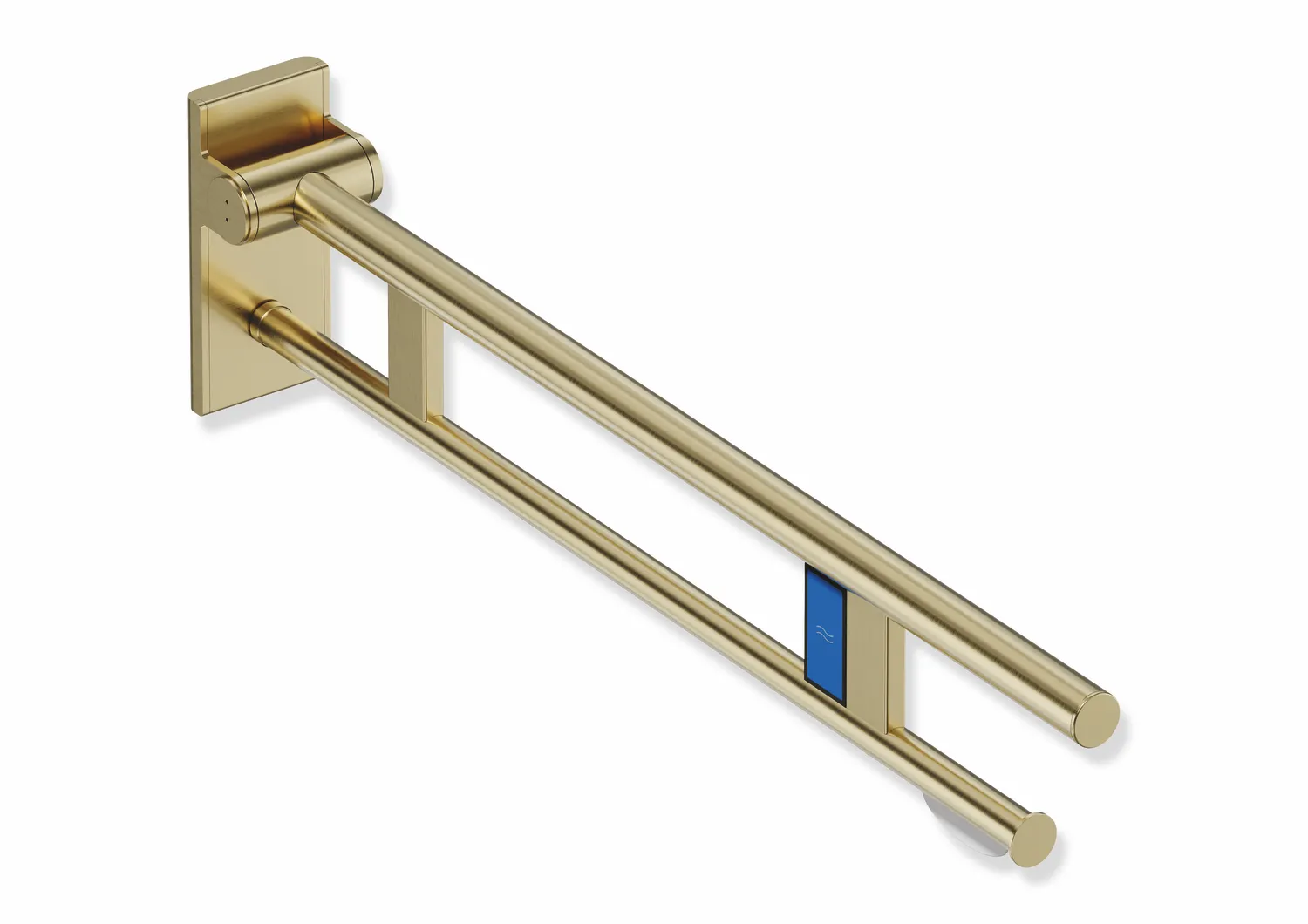 Mobiler Stützklappgriff Duo, Design A des Systems 900, Edelstahl, PVD, Ausladung 850 mm, mit WC-Papierhalter und Funk-Spülauslösung, Ausführung links,