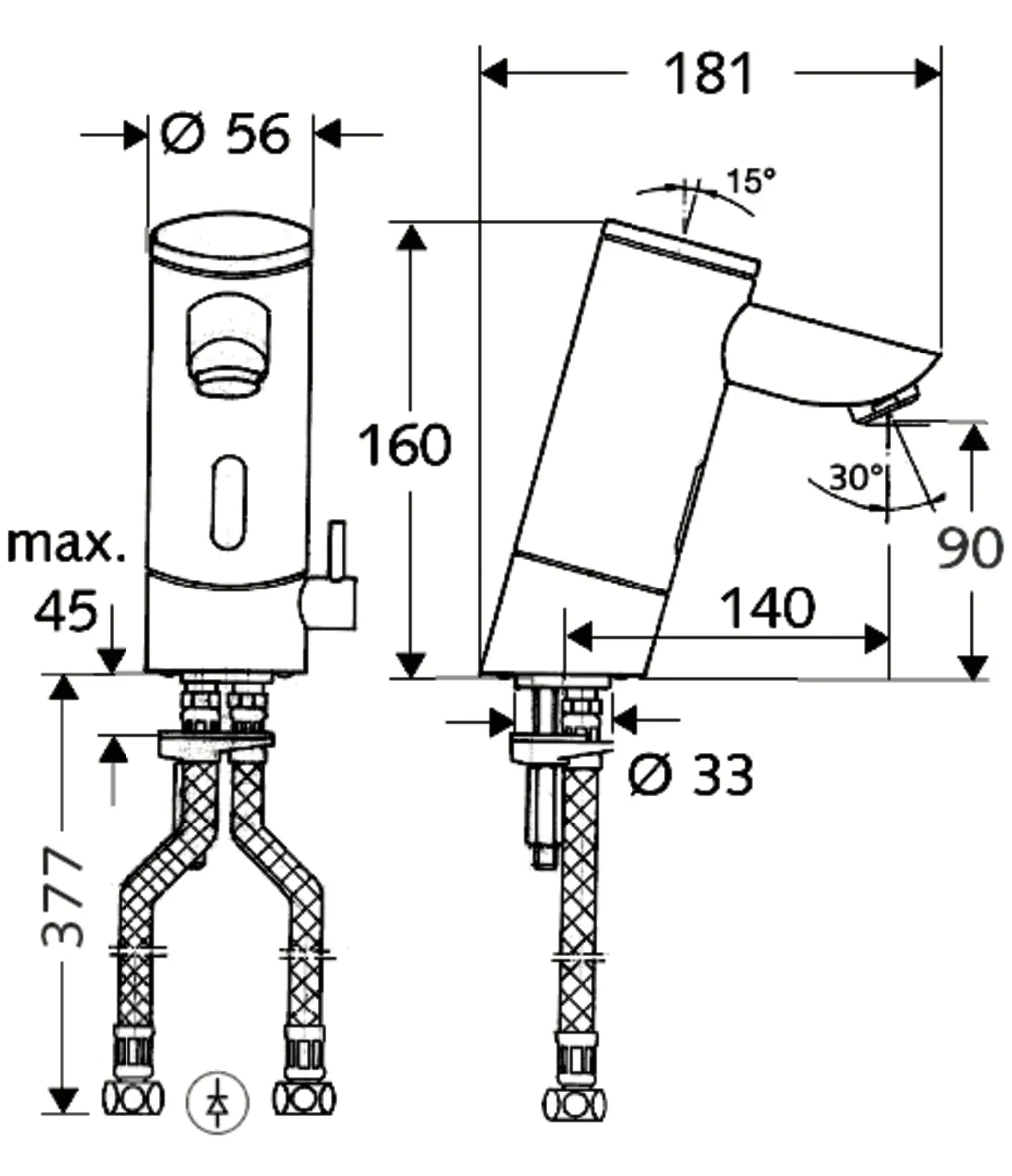 Waschtisch-Armatur PURIS E, Elektronisch, HD-M - Hochdruck Mischwasser, Infrarot, Steckernetzteil 9 VDC, 100 - 240 VAC, 50 - 60 Hz, 2x G 3/8 IG, chrom
