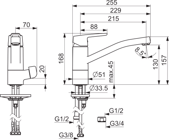 HA Einhebelmischer Küchenarmatur mit Spülmaschinenventil HANSAPOLO 5266 Ausladung 216 mm DN15 Chrom