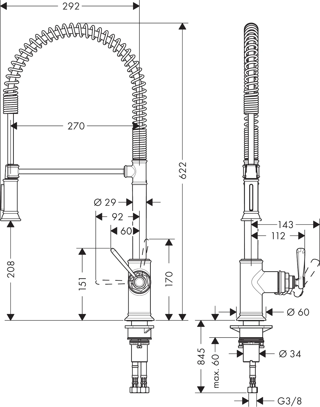 Hansgrohe AXOR Montreux Einhebel-Küchenmischer Semi-Pro Chrom, ComfortZone 210, 360° Schwenkbereich, Laminarstrahl, arretierbar, 11 l/min, Keramikmischsystem, für Durchlauferhitzer geeignet