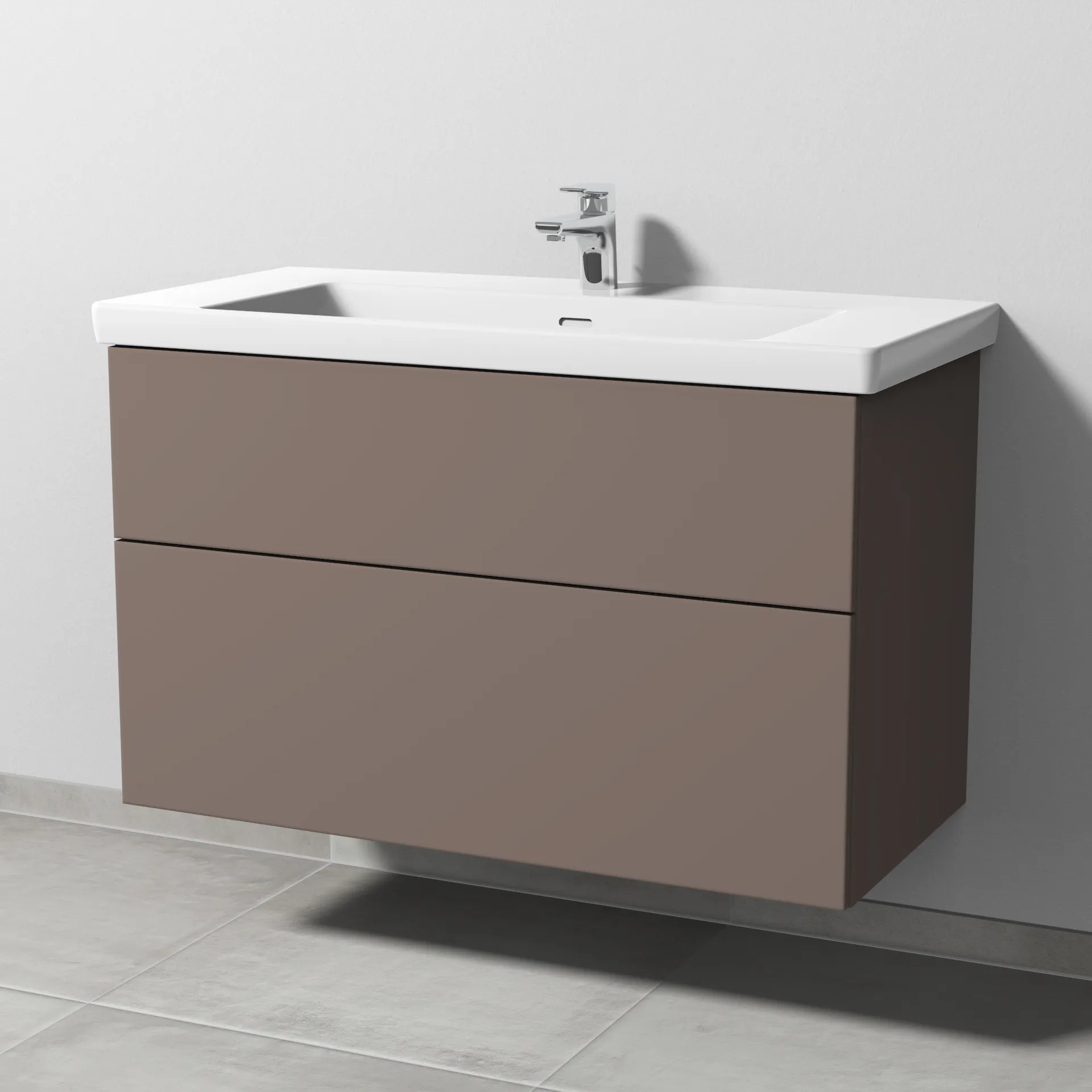 Sanipa Waschtischunterschrank „3way“ 955 × 588 × 462 mm in Taupe (matt), mit Hahnlochbohrung, Becken mittig Sanipa Waschtischunterschrank „3way“ 955 × 588 × 462 mm in Taupe (matt), mit Hahnlochbohrung, Becken mittig