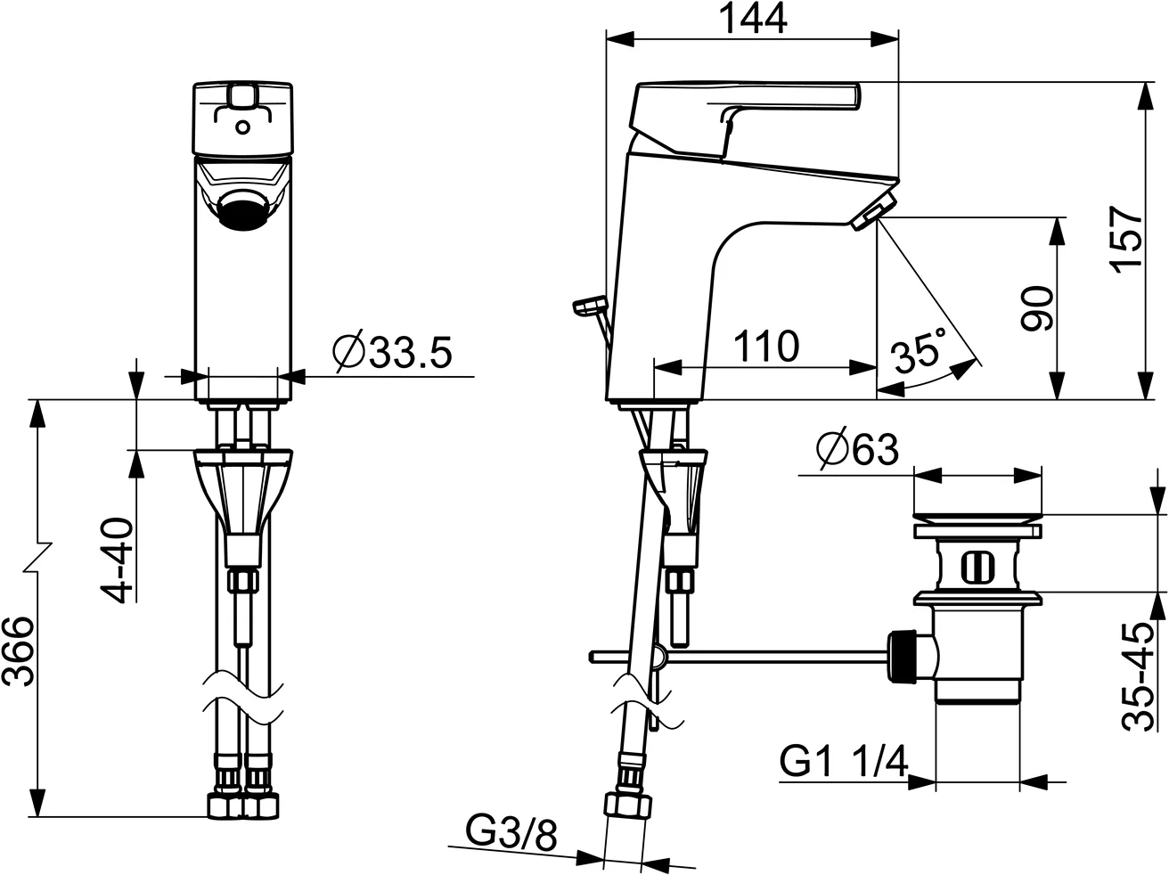 HA Einhebelmischer Waschtischbatterie HANSAPALENO XL 5641 Ablaufgarnitur mit Zugstange Ausladung 110 mm DN15 Chrom