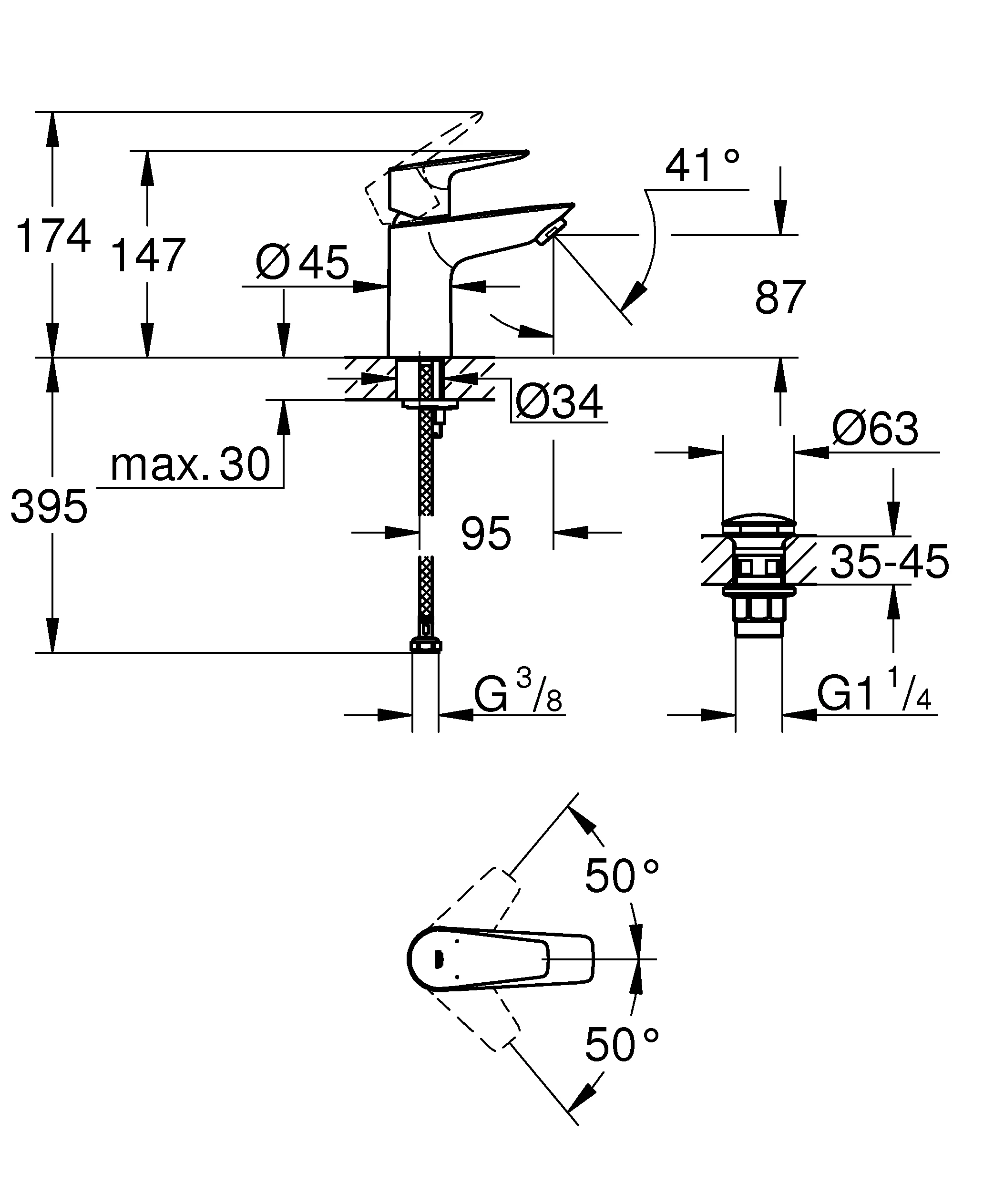 Einhand-Waschtischbatterie BauEdge 23896_1, S-Size, Einlochmontage, mit Temperaturbegrenzer, LowFlow 3,5 l/min Mousseur, glatter Körper, Push-open Ablaufgarnitur aus Kunststoff 1 1/4″, chrom