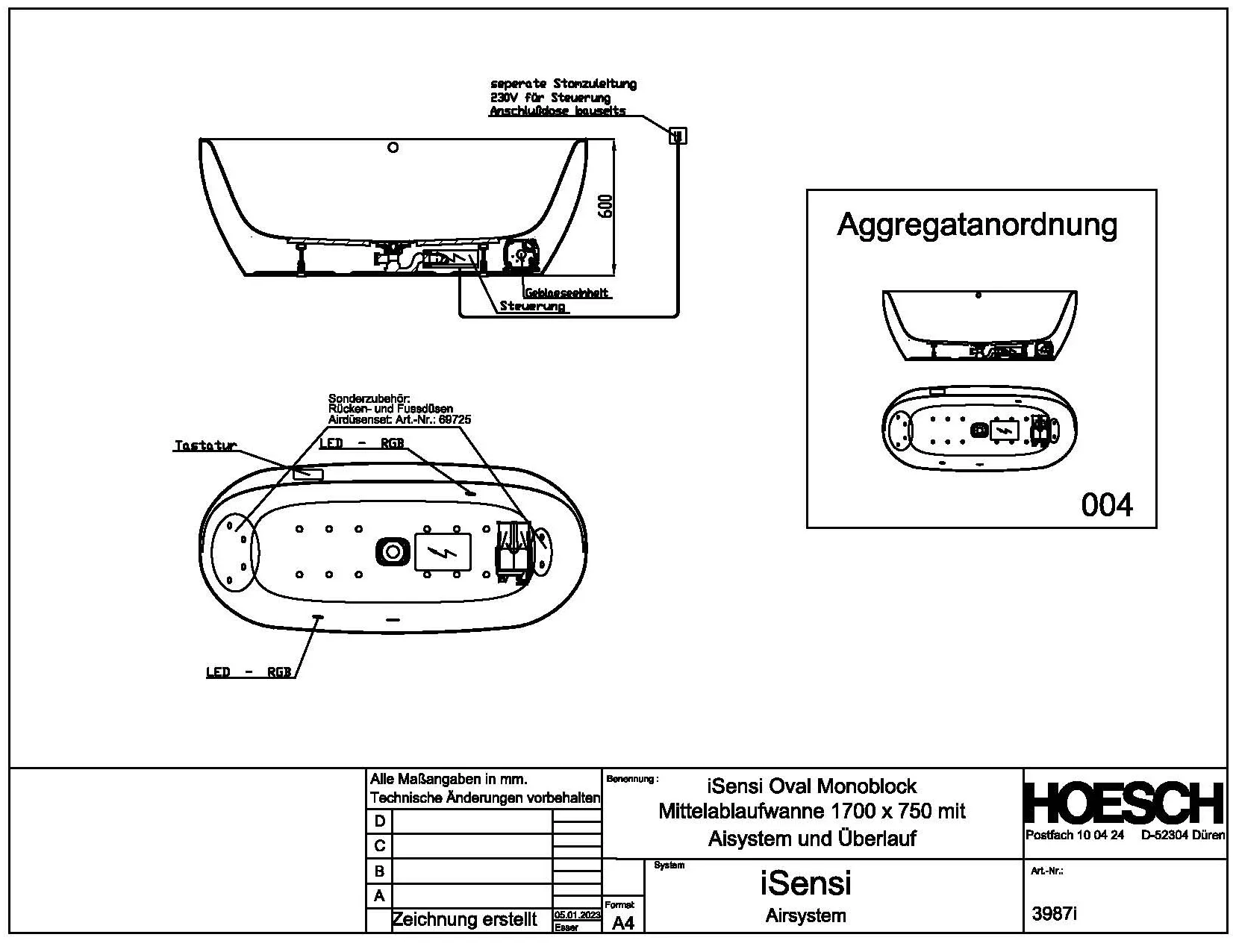 Hoesch Whirlwanne „iSensi“ Monolith mit Airsystem „iSensi“ freistehend oval 170 × 75 cm in Weiß
