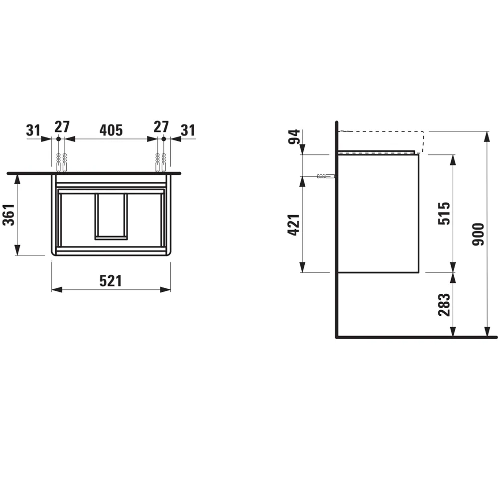 Waschtischunterbau BASE 2.0 für PRO S 361x521x515 2 Schubladen mit Griffmulde für Waschtisch H818958 COMPACT weiß matt