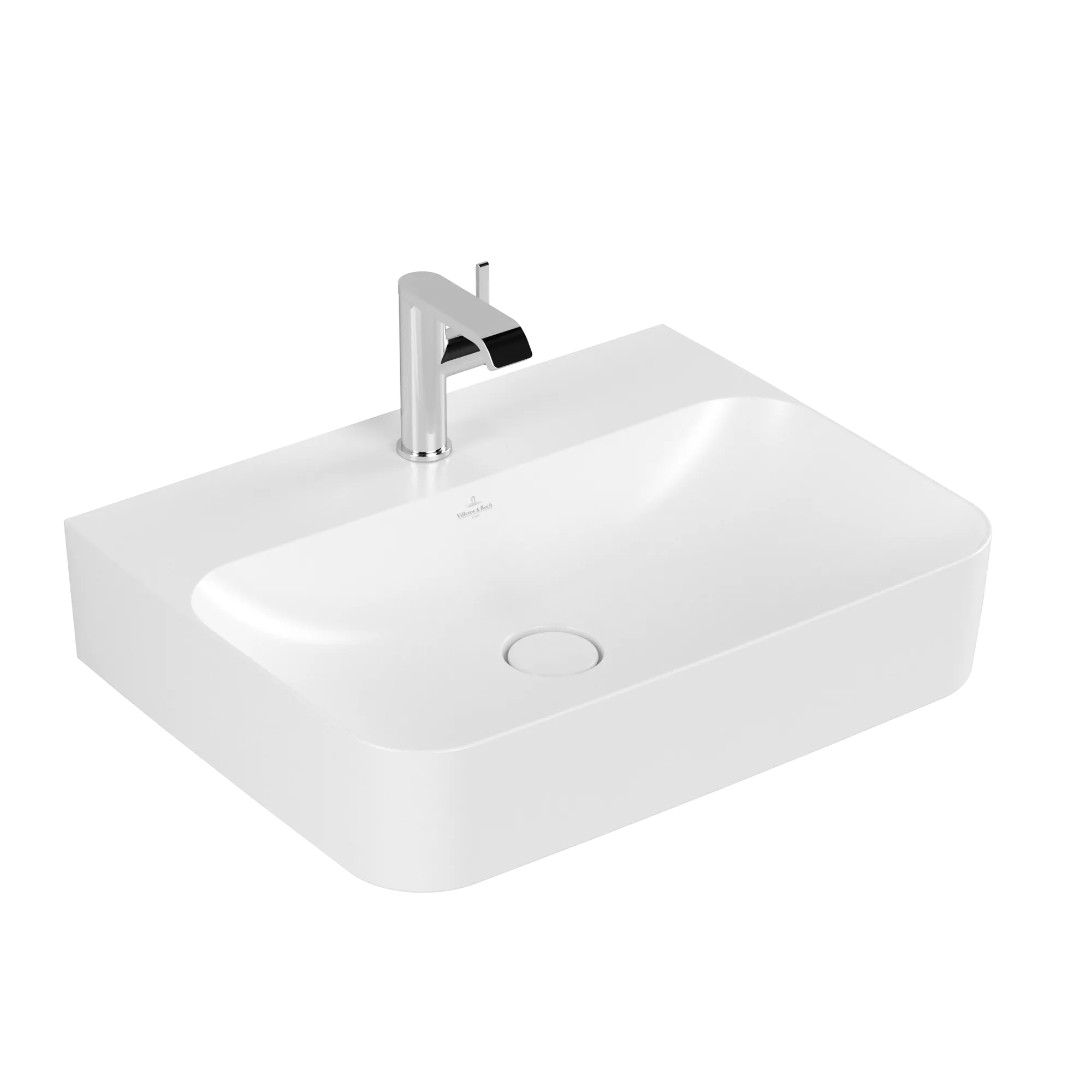 Villeroy & Boch Wandwaschtisch aus TitanCeram geschliffen „Finion“ 600 × 470 × 164 mm, mit Hahnlochbohrung, Hahnlochposition mittig in Stone White, mit CeramicPlus
