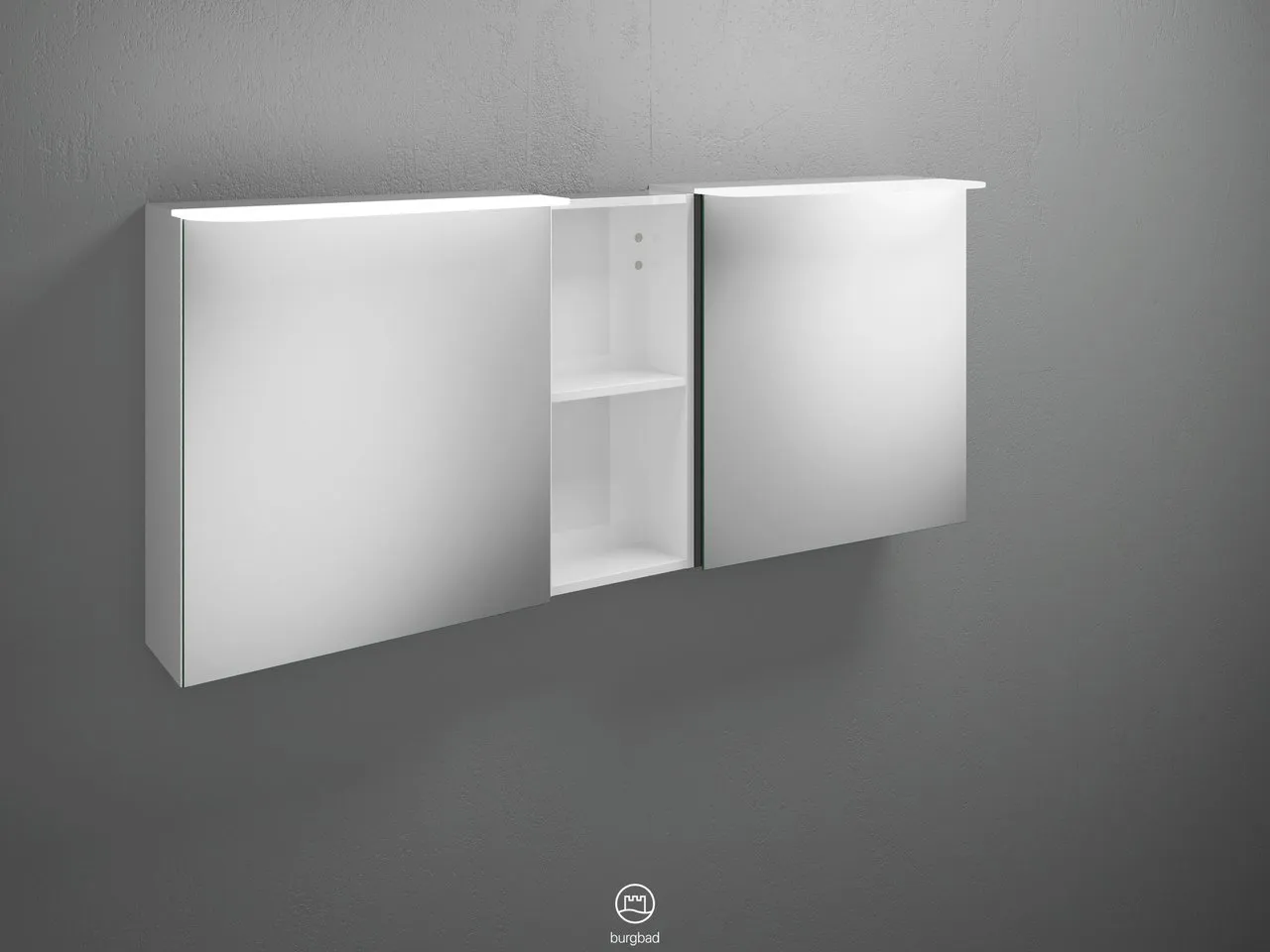 Badu Spiegelschrank SFTY150 von burgbad – 310 mm tief, 1.500 mm breit, 665 mm hoch, beidseitig verspiegelt mit LED-Aufsatzleuchten und Regal
