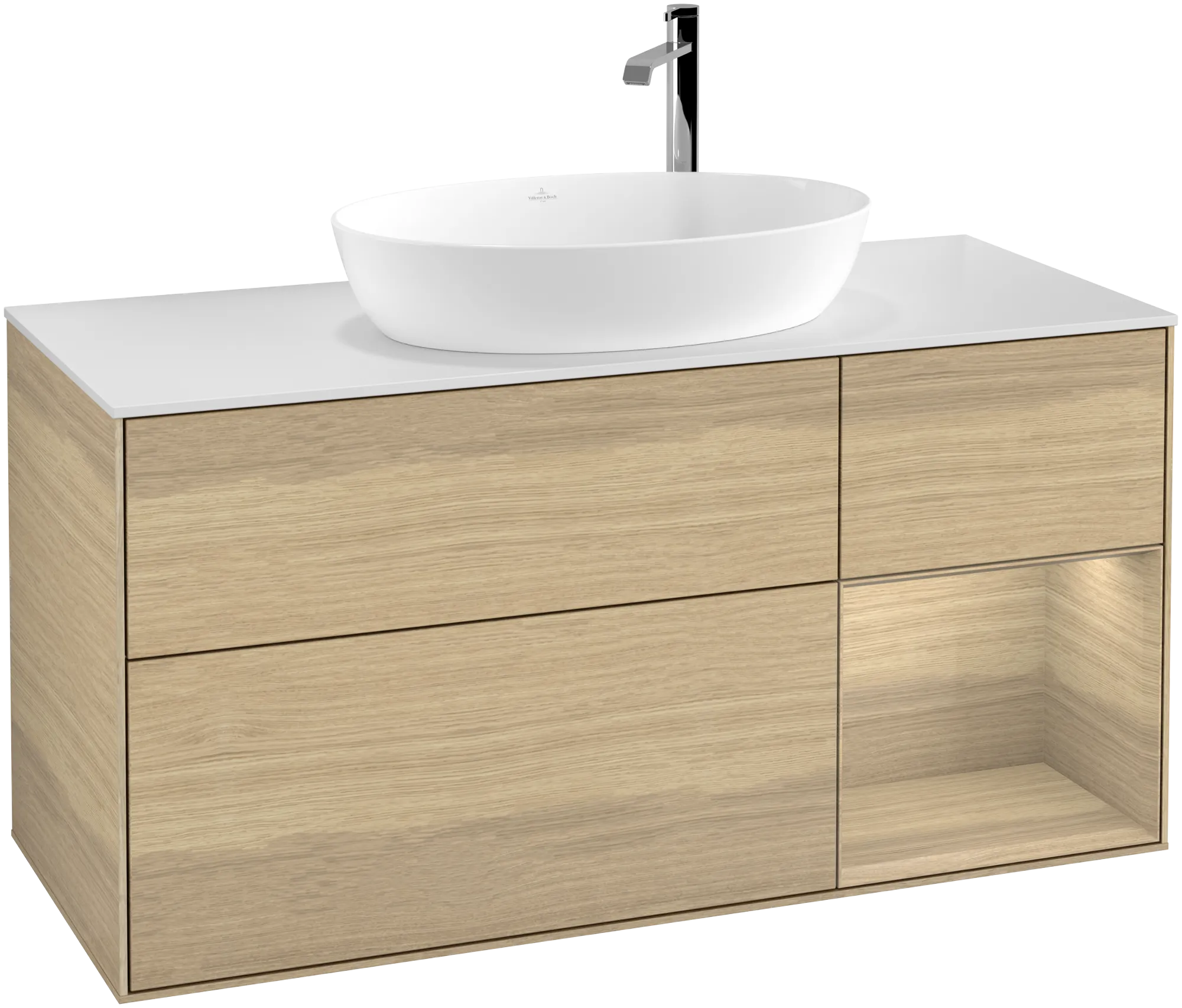 Villeroy & Boch Finion Waschbeckenunterschrank F95, 1200 x 603 x 501 mm, Oak Veneer / Glass White Matt