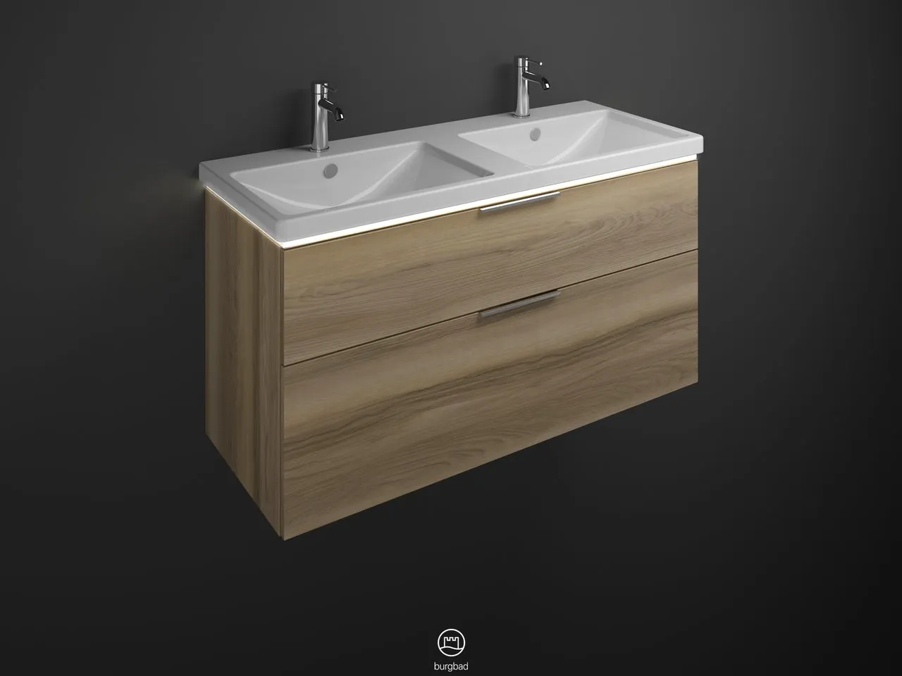 burgbad Badmöbelset Keramik-Waschtisch inkl. Waschtischunterschrank „Eqio“ 123 × 66,5 × 49 cm Griff, Schwarz Matt (230 mm), in Eiche Dekor Caramel burgbad Badmöbelset Keramik-Waschtisch inkl. Waschtischunterschrank „Eqio“ 123 × 66,5 × 49 cm Griff, Schwarz Matt (230 mm), in Eiche Dekor Caramel