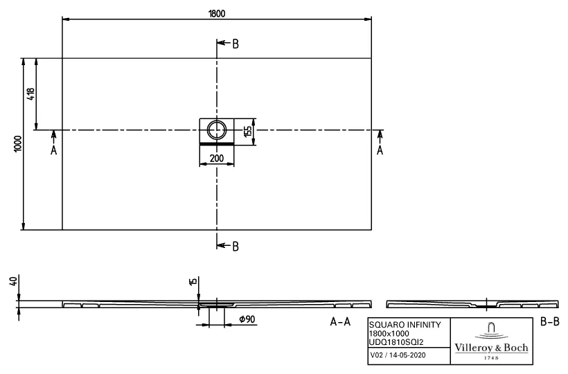 Villeroy & Boch rechteck Duschwanne „Squaro Infinity“ Sonderanfertigung 180 × 100 cm