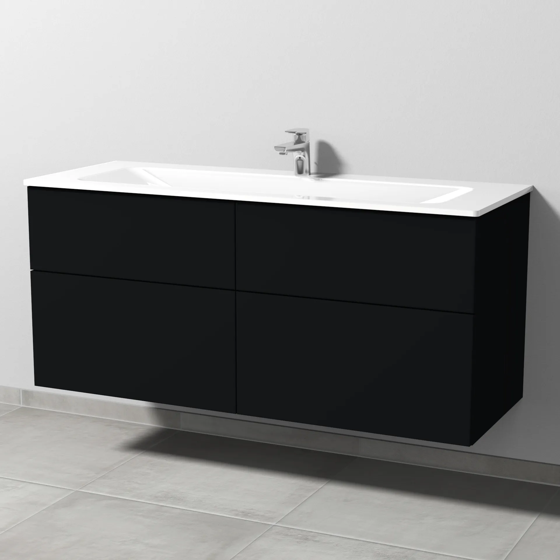 Glas-Waschtisch-Set mit Waschtischunterschrank „3way“ 130 × 48,7 × 58,2 cm in Schwarz (matt), mit Hahnlochbohrung