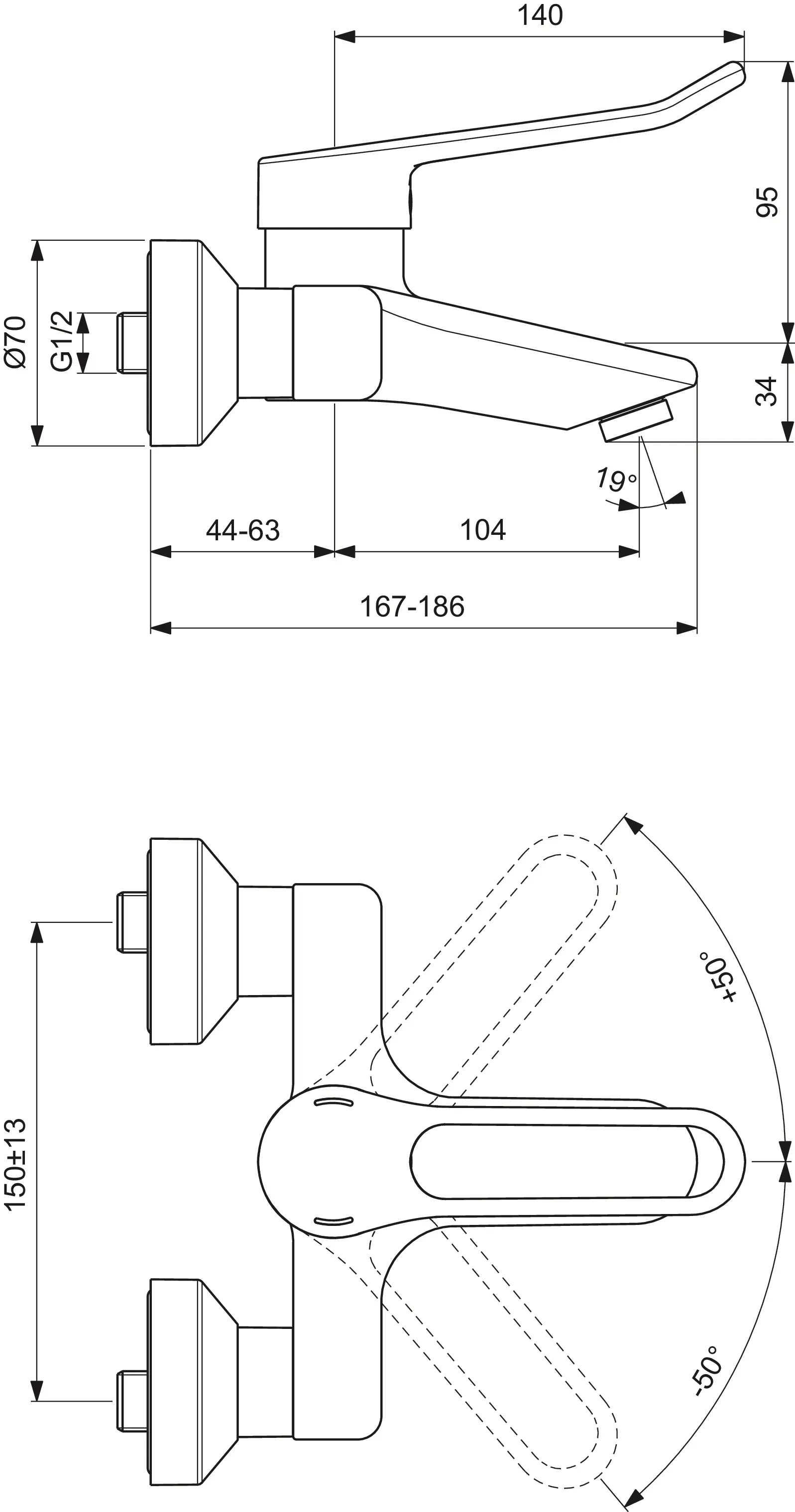 Wand-Waschtischarmatur Ceraplus 5l/min. mit Bügelgriff Ausladung 104mm Chrom Wand-Waschtischarmatur Ceraplus 5l/min. mit Bügelgriff Ausladung 104mm Chrom