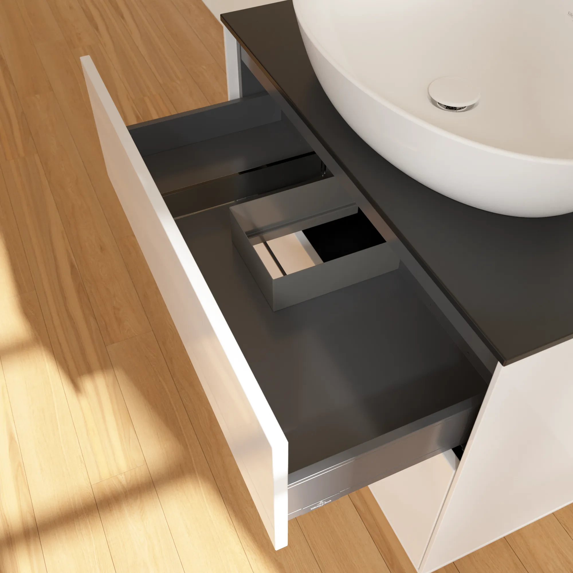 Villeroy & Boch Waschbeckenunterschrank Finion F87, Glossy White Lacquer / Glass Black Matt, 800 x 603 x 501 mm, mit SoftClosing und Push-to-open Funktion Villeroy & Boch Waschbeckenunterschrank Finion F87, Glossy White Lacquer / Glass Black Matt, 800 x 603 x 501 mm, mit SoftClosing und Push-to-open Funktion