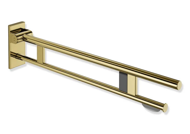 HEWI Stützklappgriff Duo System 900, Design A, Edelstahl PVD gold glänzend, Ausladung 900 mm, mit WC-Papierhalter und Funk-Spülauslösung, rechts