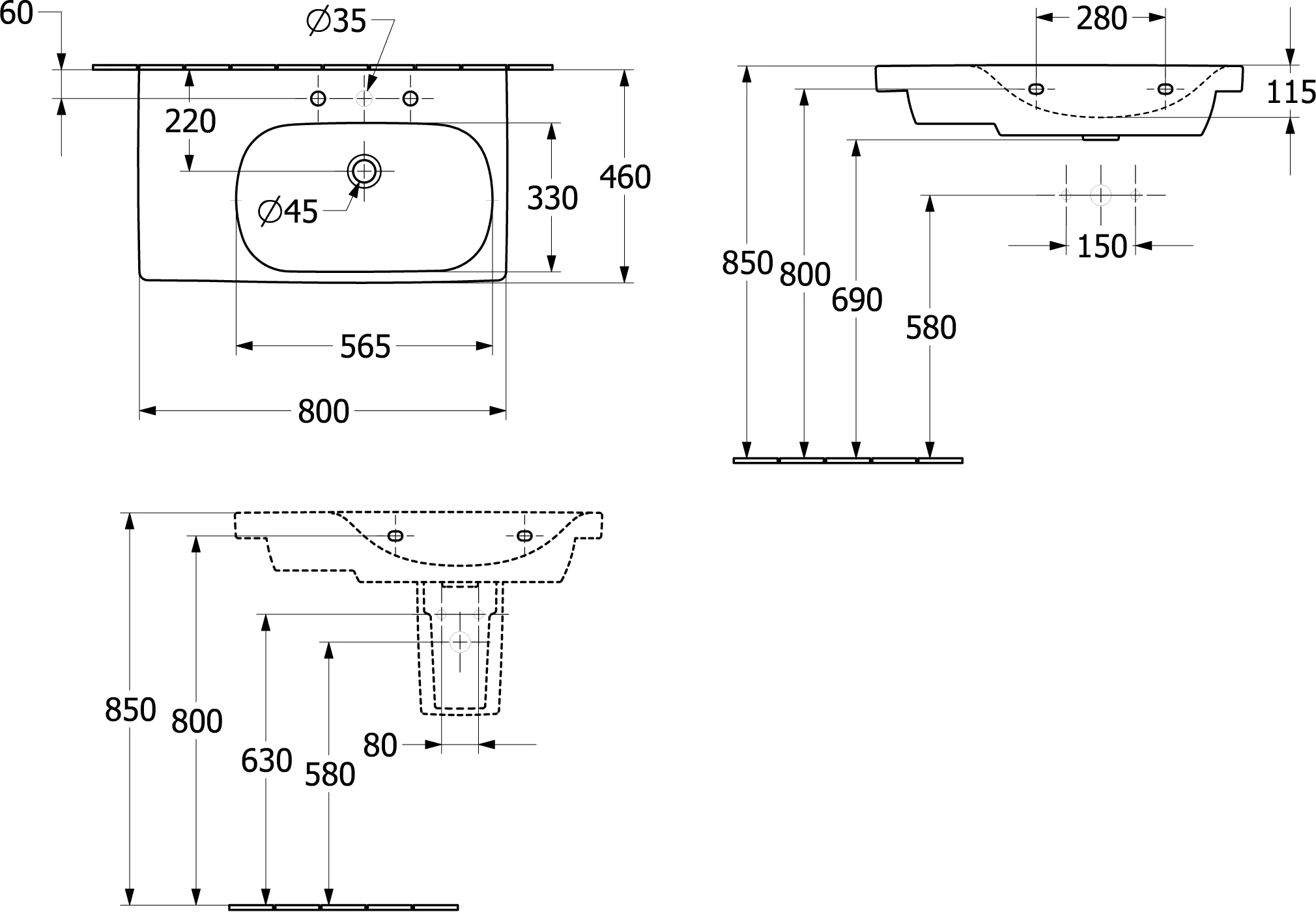 Schrankwaschtisch Skyla 5A52R1, 800 x 460 mm, Rechteck, Becken rechts, 1HL. mittleres Hahnloch durchgestochen, mit Überlauf, Weiß Alpin