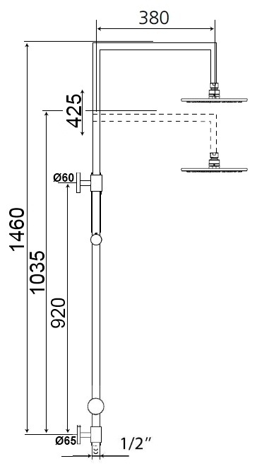 AqvaShower Standbrausegarnitur-Set 90° × 90° - Brausebogen 90° × 90° - Kopfbrause 200 mm, rund - Stabhandbrause, rund - Metalleffekt-Brauseschlauch 1600 mm × 1/2″ × 1/2″ Konus - Metall-Verbindungsschlauch 600 mm × 1/2″ × 1/2″ - keramisc