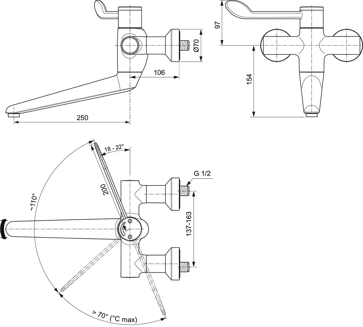 Einhand-Waschtischarmatur „CeraplusSafeSQ“ Ausladung 250 mm