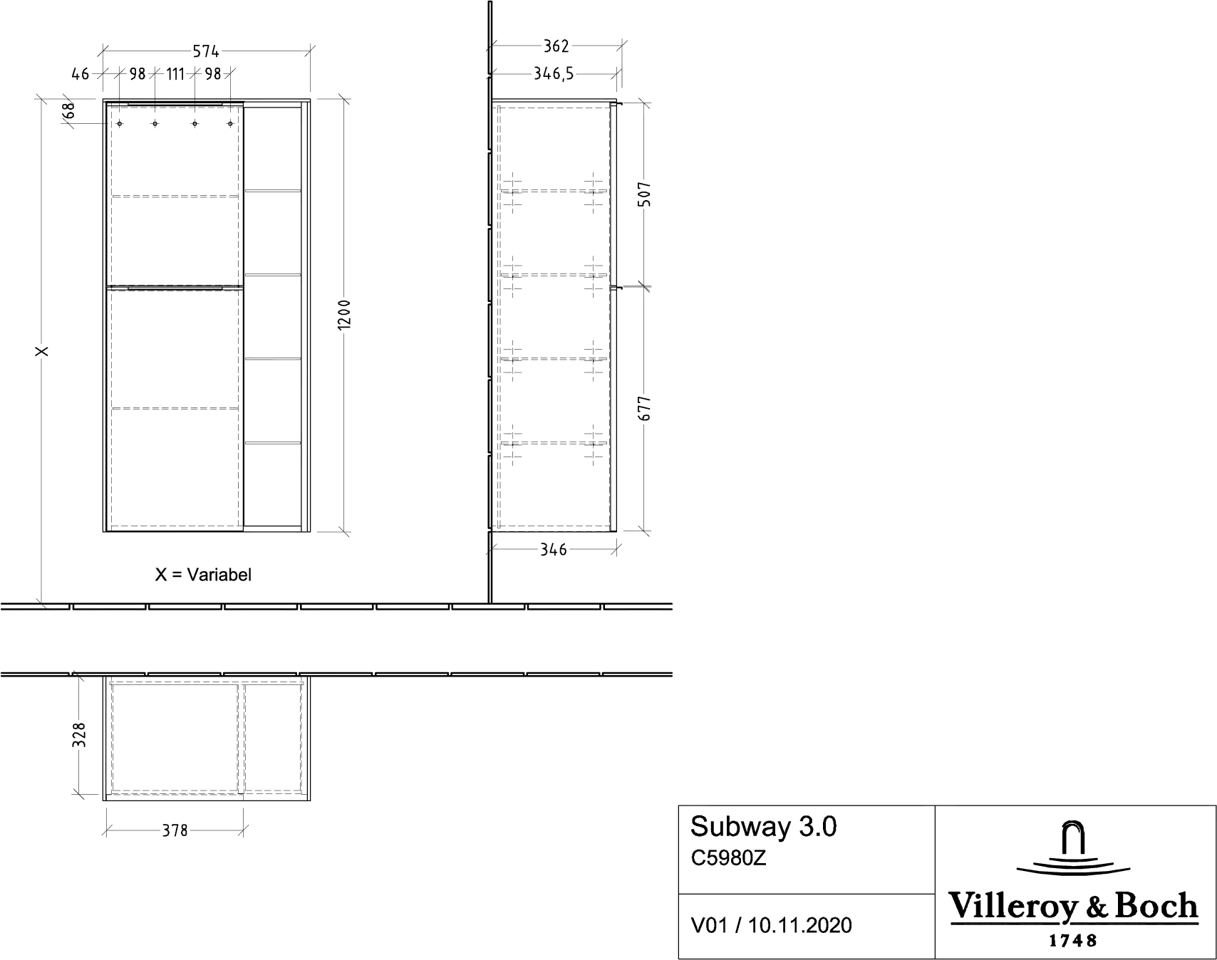 Villeroy & Boch Mittelschrank „Subway 3.0“ 57,4 × 120 × 36,2 × 36,2 cm 2 Türen, Anschlag (Scharnier) links, 2 Türen, Anschlag links