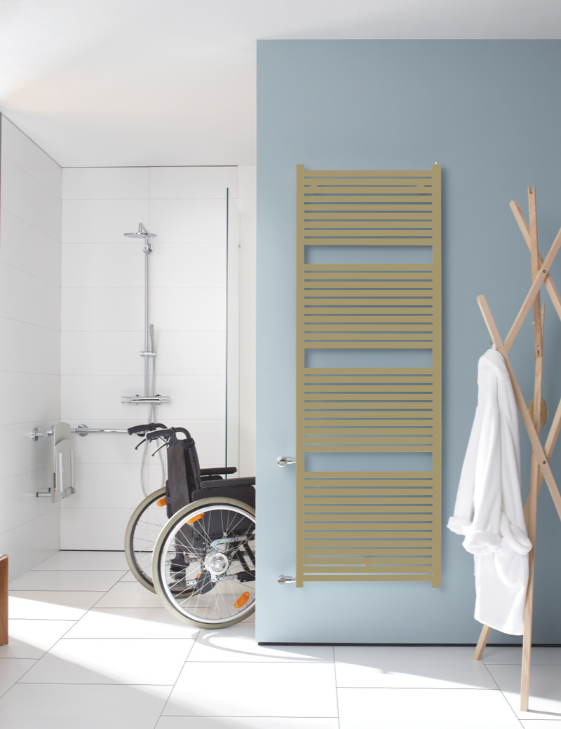 Zehnder Design-Heizkörper „Toga“ für Warmwasser-Zentralheizung oder gemischten Betrieb 100 × 176 cm in Yellow Grey (RAL 7034)
