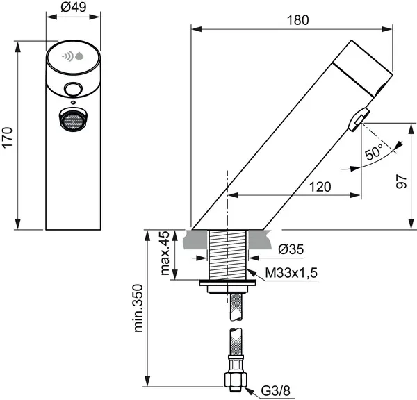 Waschtischarmatur Sensorflow ohne Mischung Ausladung 120mm Batterie Chrom