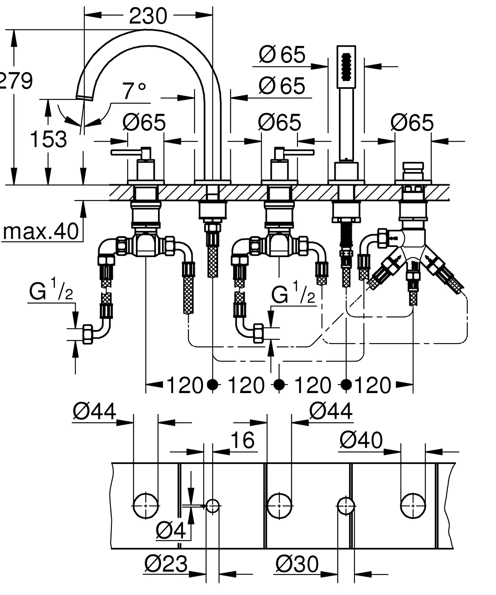Grohe Atrio 5-Loch-Wannen-Kombination, Keramik-Oberteile ½, 90 Grad, Grohe Long-Life Oberfläche Grohe Atrio 5-Loch-Wannen-Kombination, Keramik-Oberteile ½, 90 Grad, Grohe Long-Life Oberfläche